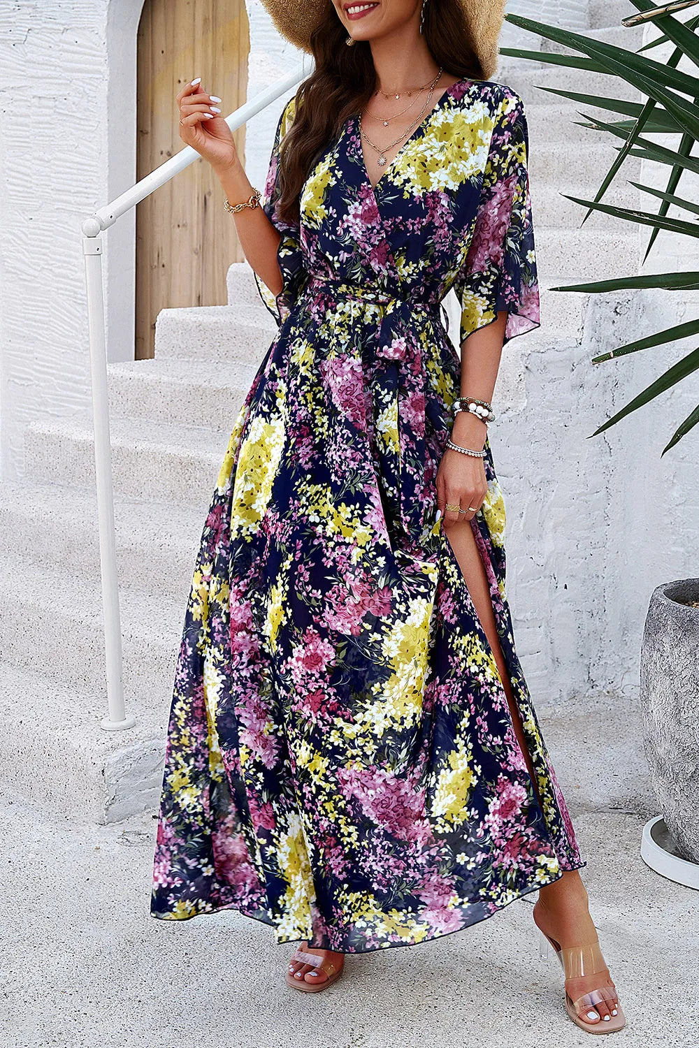 Devine Printed Tied Half Sleeve Slit Dress - Lilixa.store