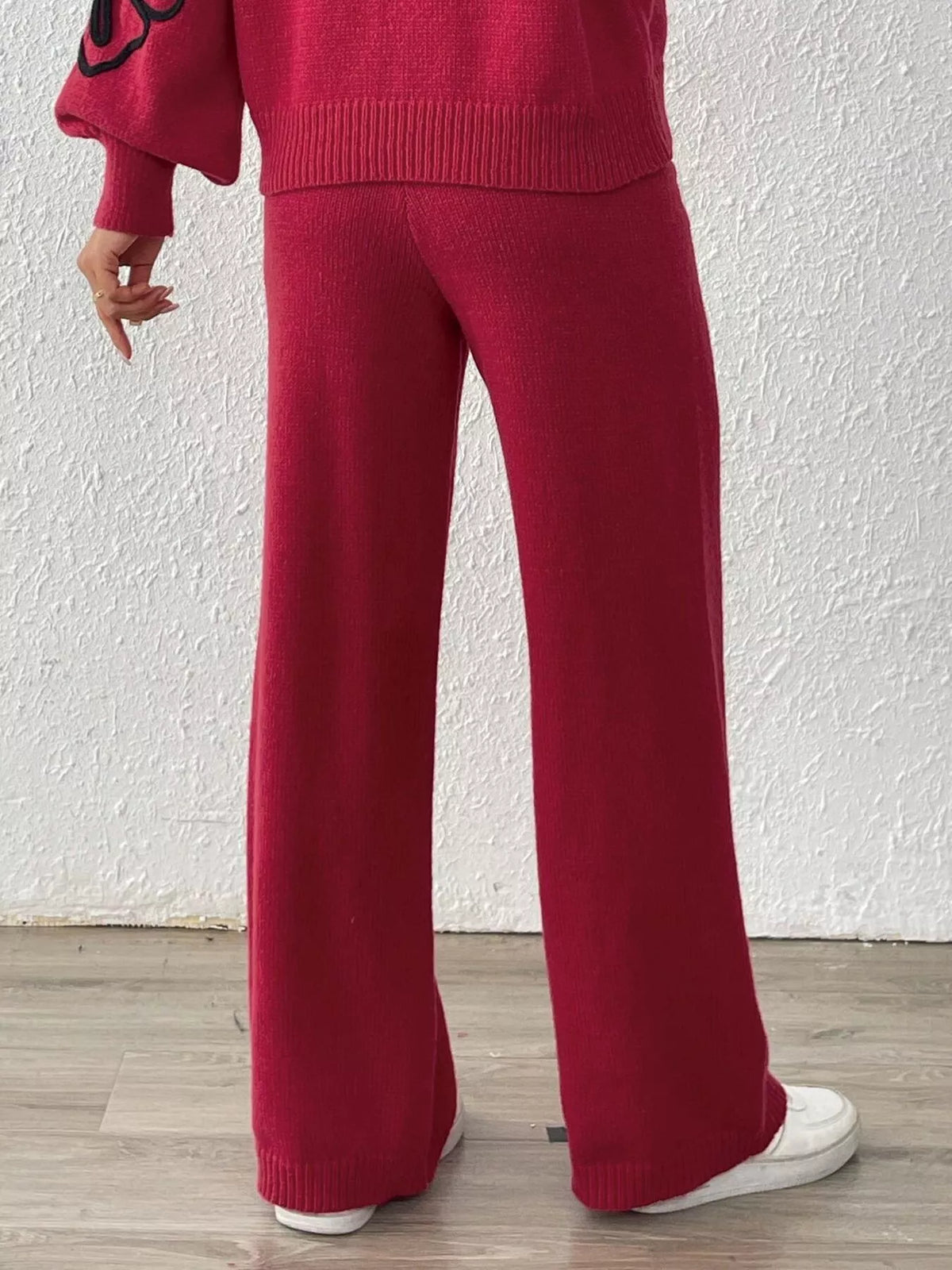 High-Waisted Wide-Leg Sweater Pants with Floral Beaded Decor, view 9