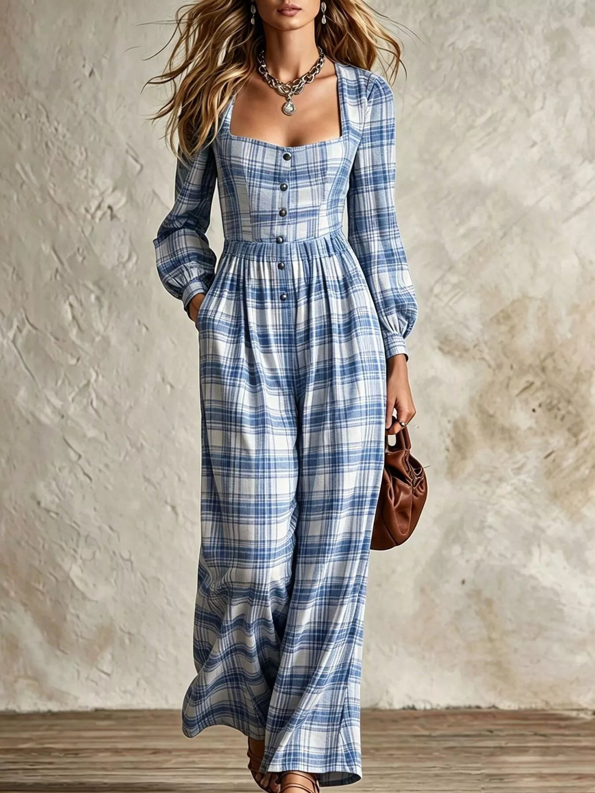 Plaid Square Neck Long Sleeve Wide Leg Jumpsuit
