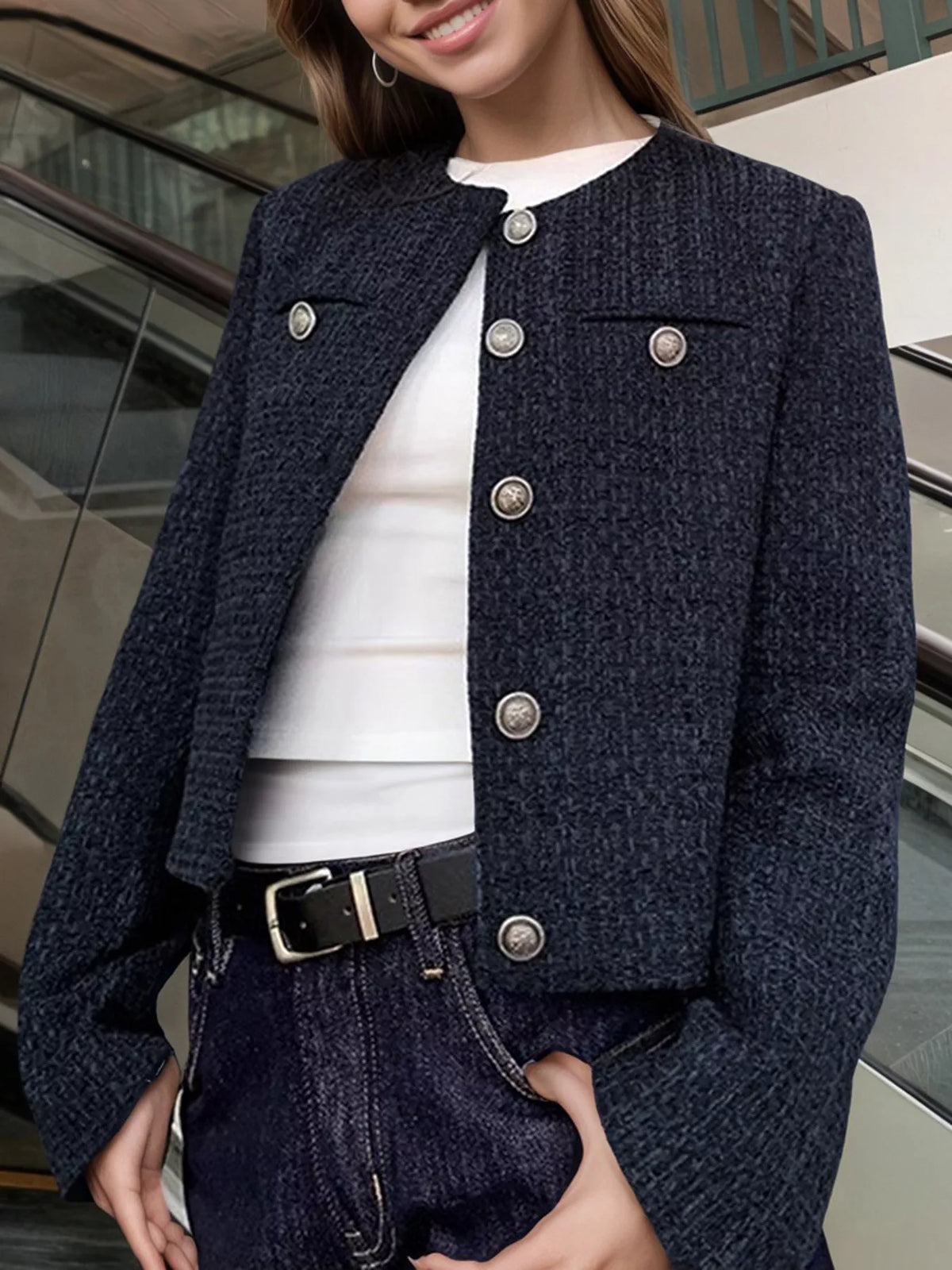Tweed Metallic Buttons Cropped Outerwear - Lilixa.store