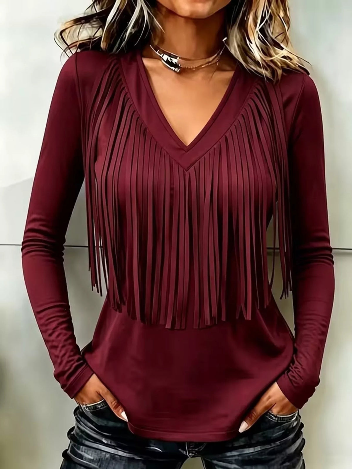 Fringe V-Neck Long Sleeve T-Shirt - Lilixa.store