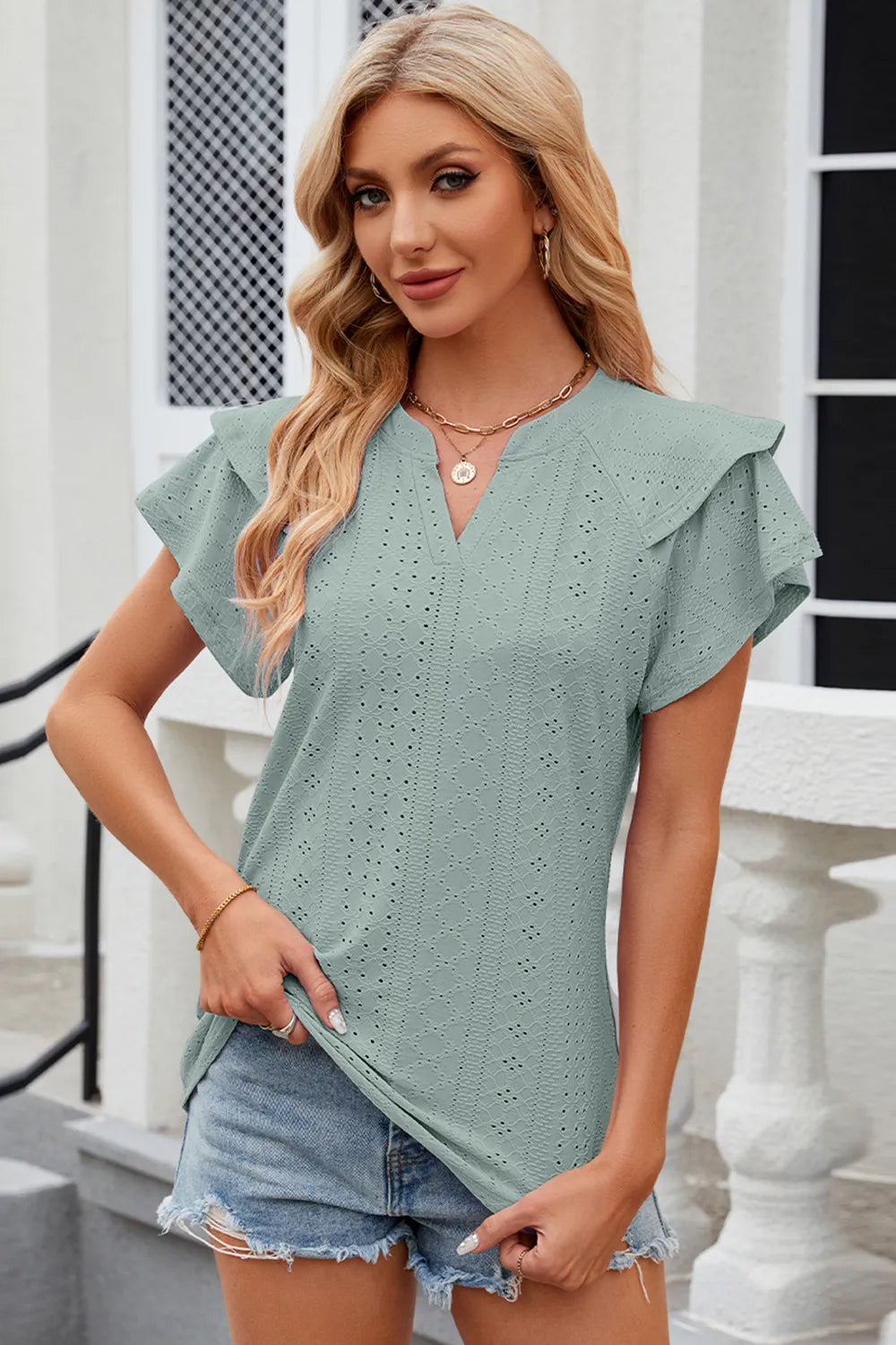 Eyelet Notched Flutter Sleeve T-Shirt - Lilixa.store