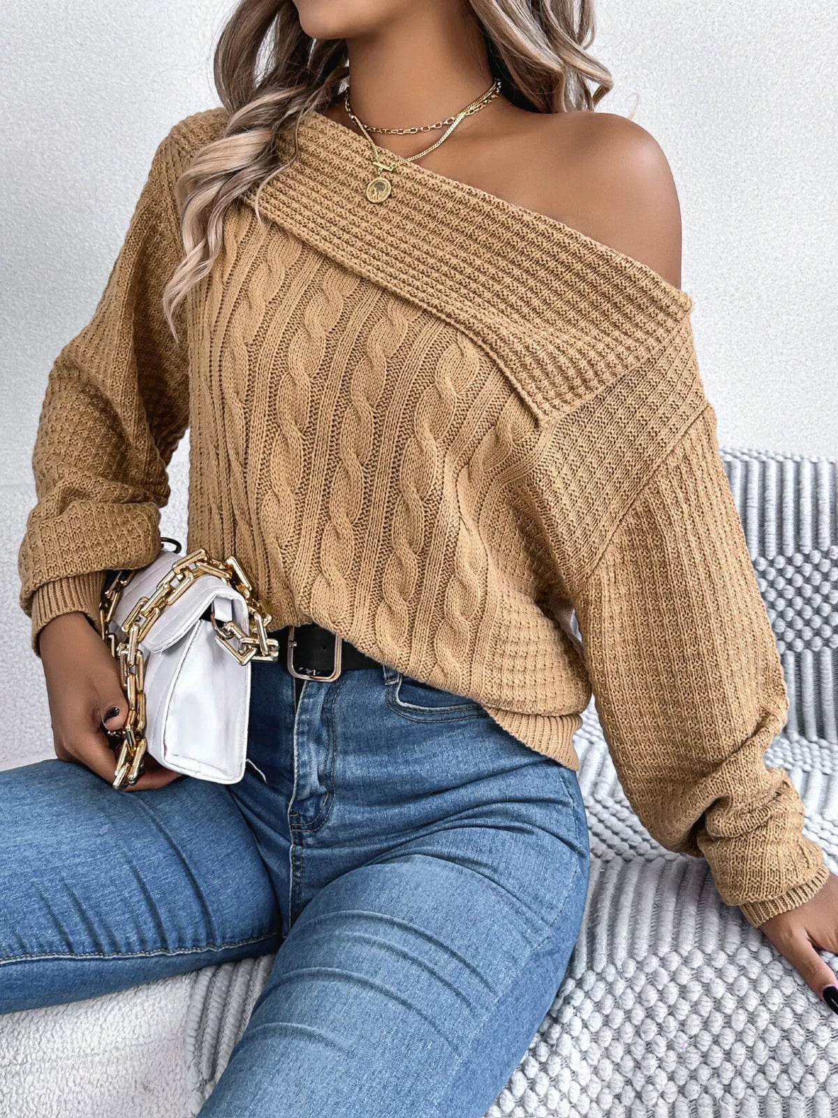 One Shoulder Cable Knit Sweater