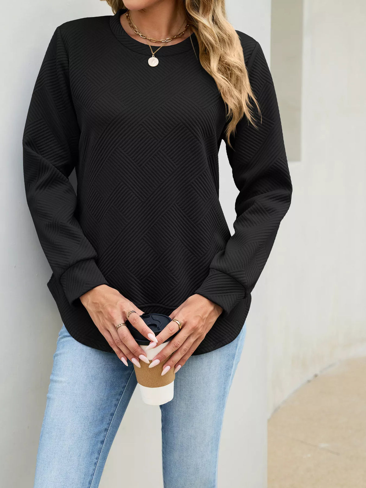 Textured Crew Neck Sweatshirt - Lilixa.store
