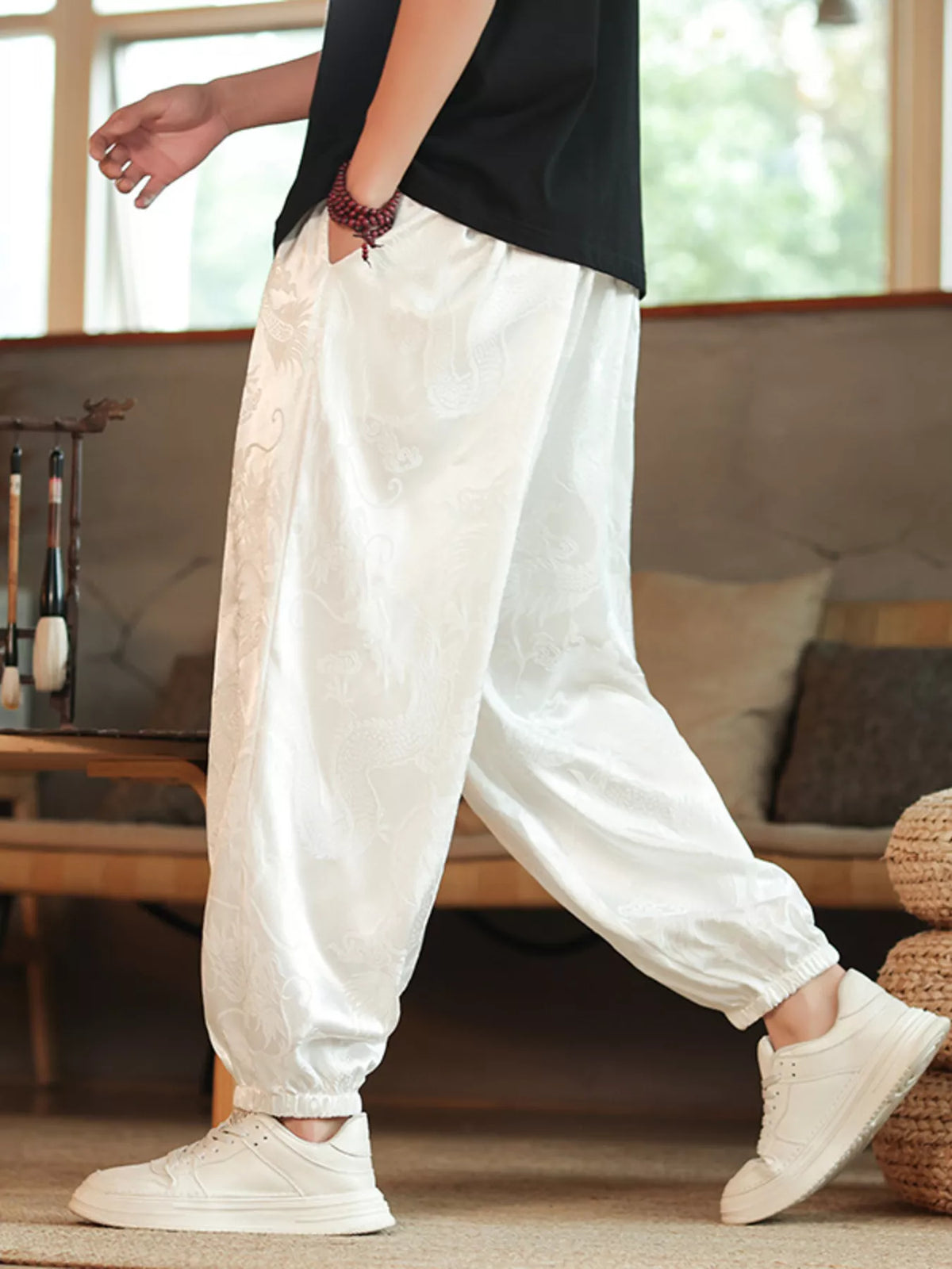 Men's Plus Size Dragon Pattern Silk Harem Pants in White
