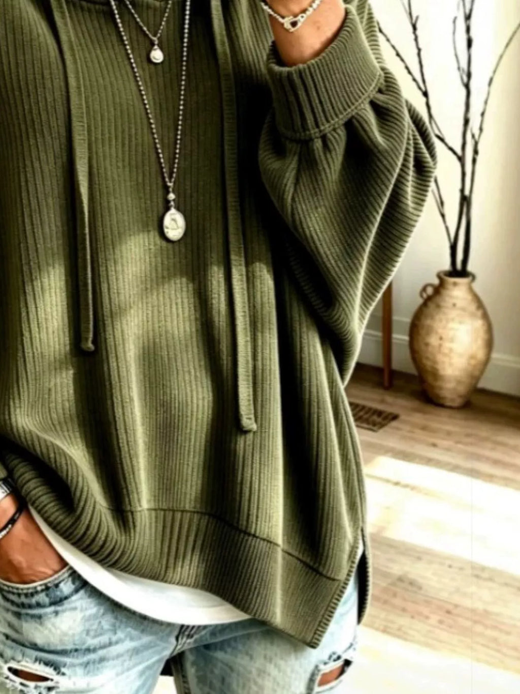 Drawstring Ribbed Knit Hoodie - Lilixa.store