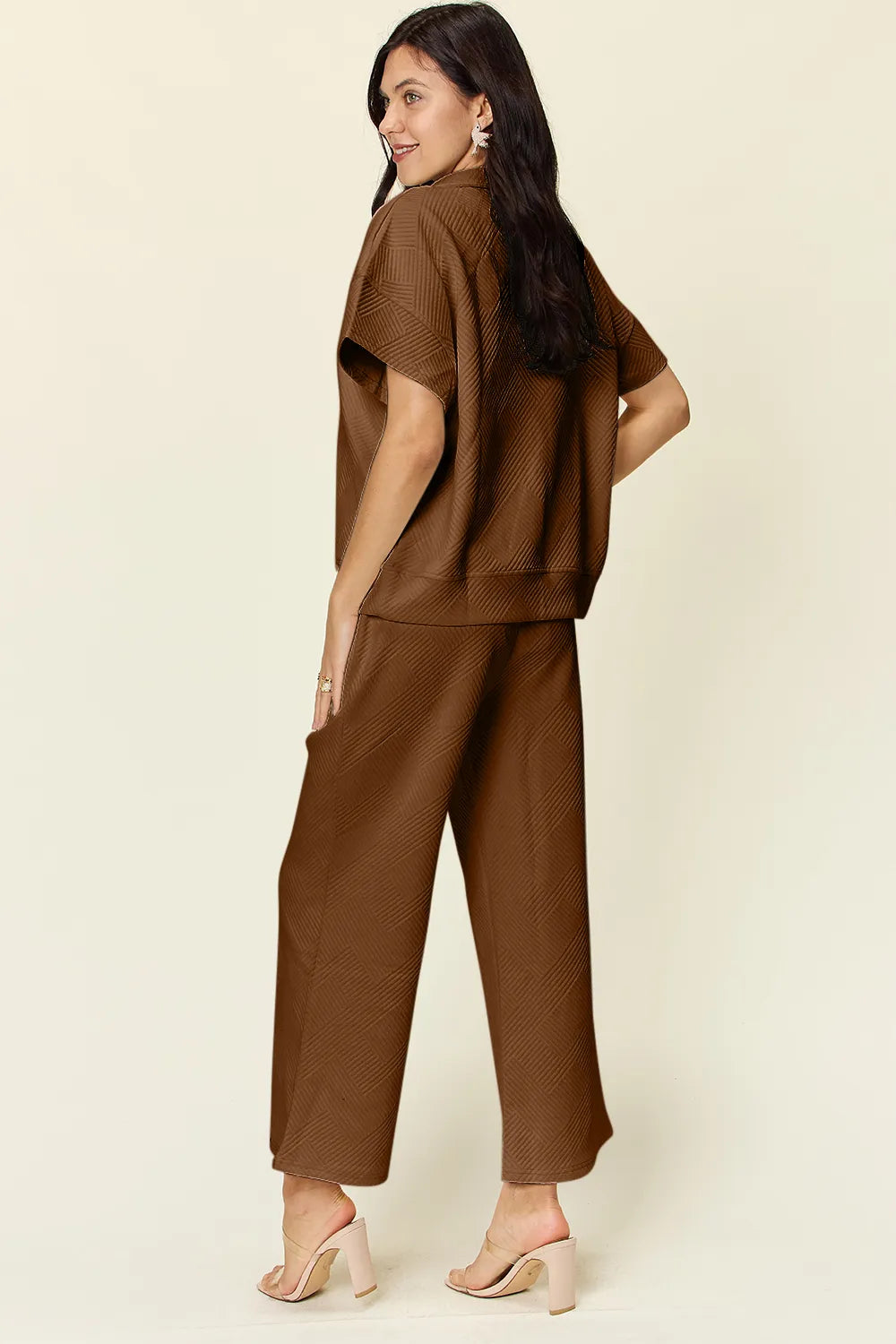 Double Take Full Size Texture Half Zip Short Sleeve Top and Pants Set, view 16