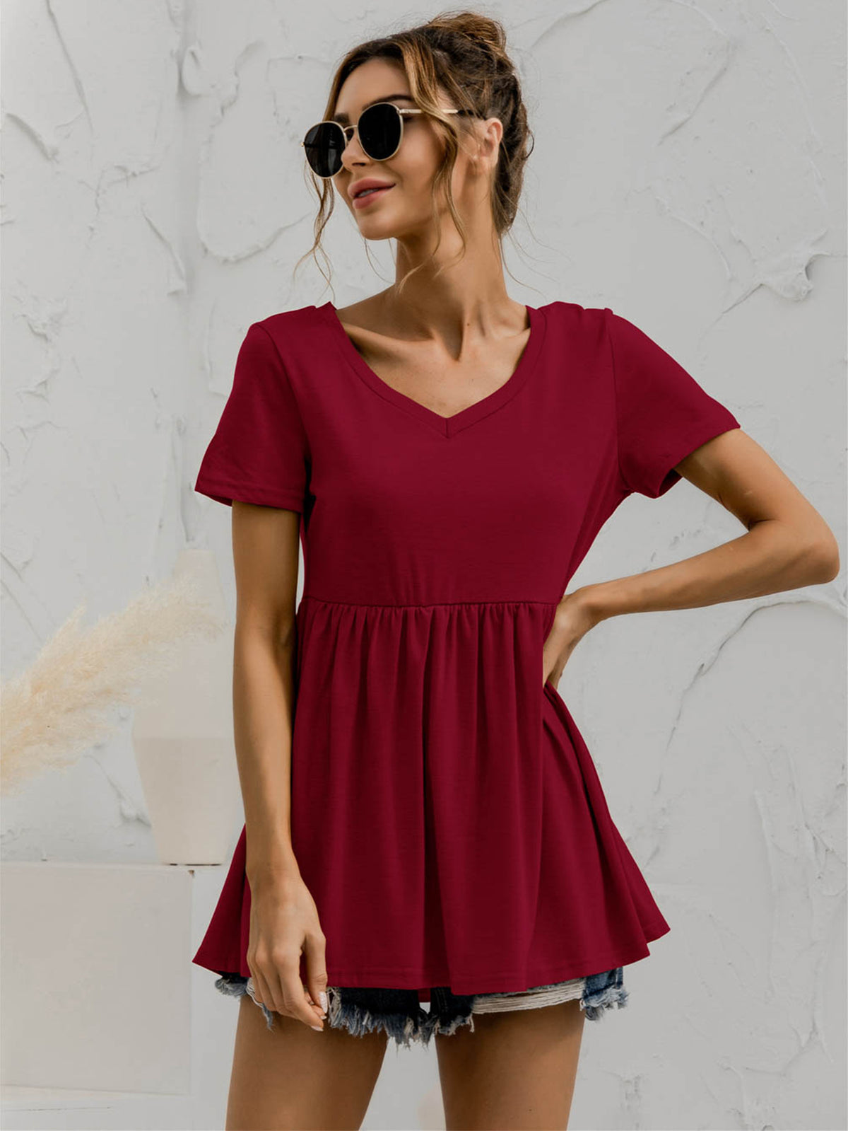 V-Neck Short Sleeve Babydoll Top, view 8