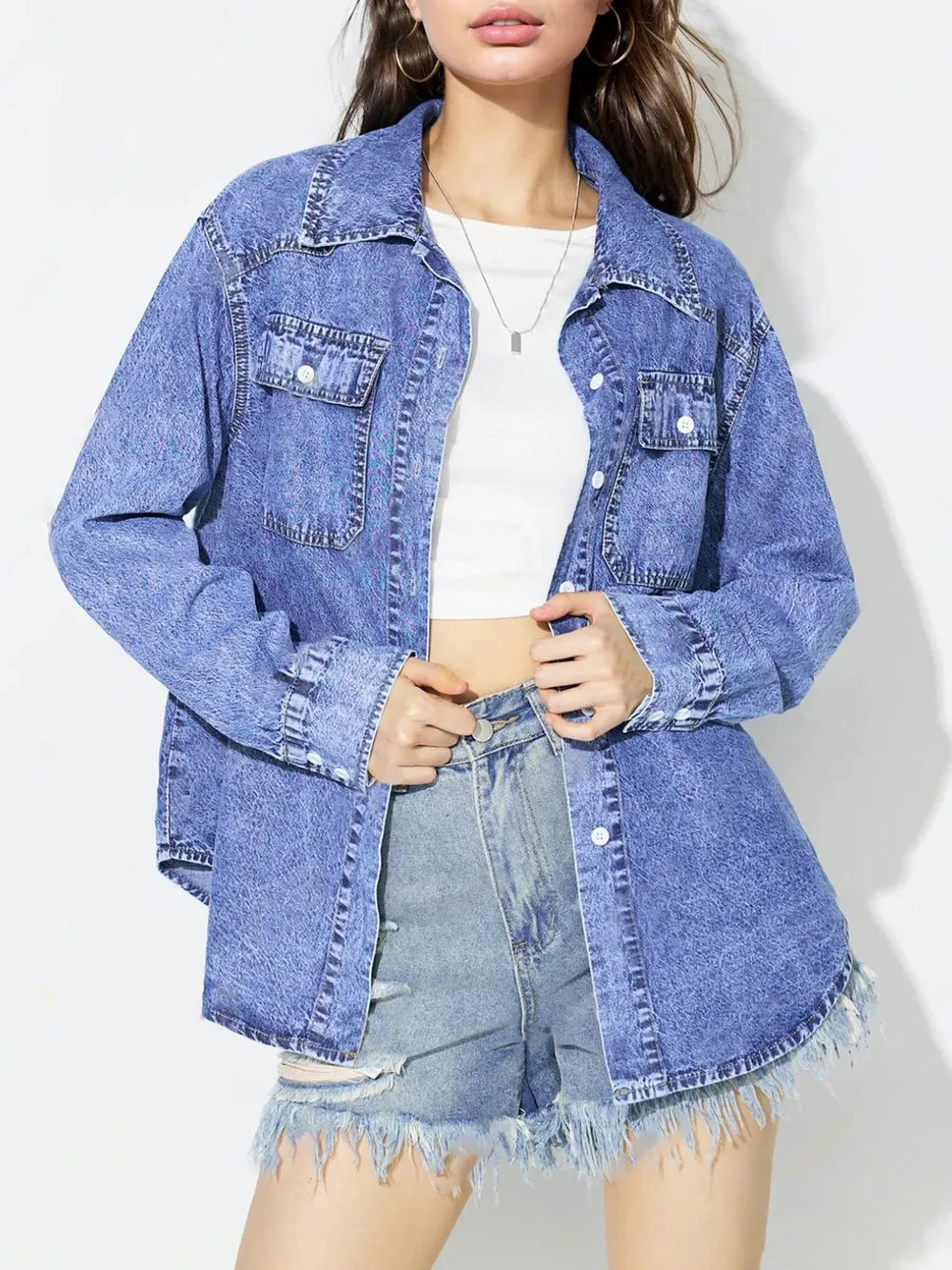 Curved Hem Collared Neck Denim Top - Lilixa.store