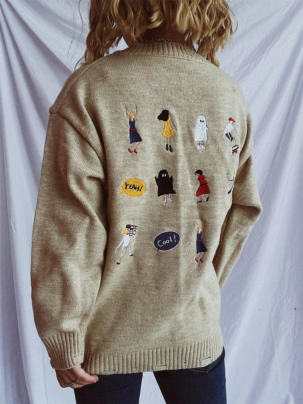 Embroidered Round Neck Dropped Shoulder Sweater - Lilixa.store