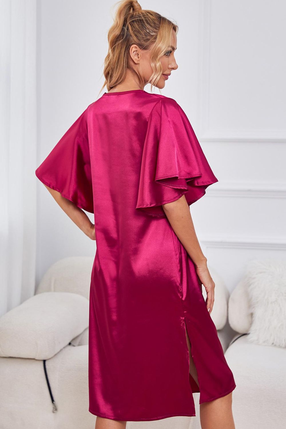 Satin Flutter Sleeve Side Slit V-Neck Night Dress - Lilixa.store