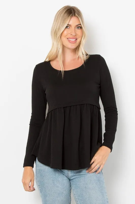 Be Stage Full Size Texture Babydoll Round Neck Long Sleeve Knit Top - Lilixa.store