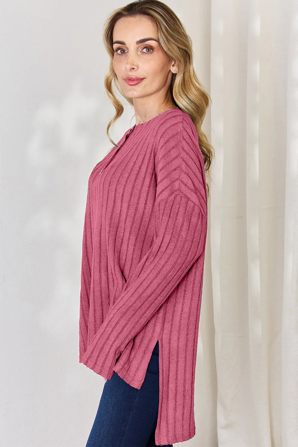 Basic Bae Full Size Ribbed Half Button Long Sleeve High-Low T-Shirt - Lilixa.store