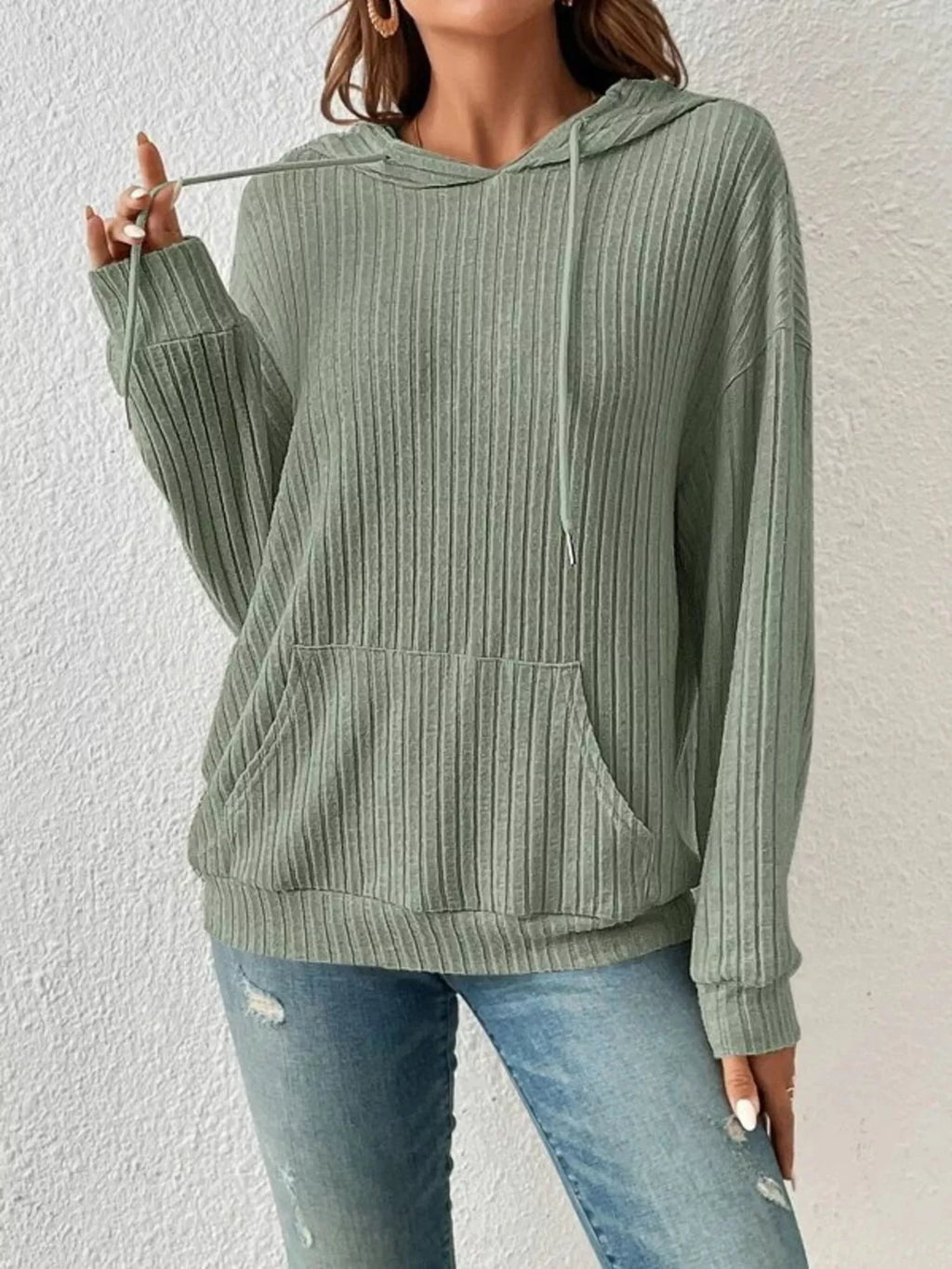Ribbed Knit Long Sleeve Drawstring Hoodie - Lilixa.store