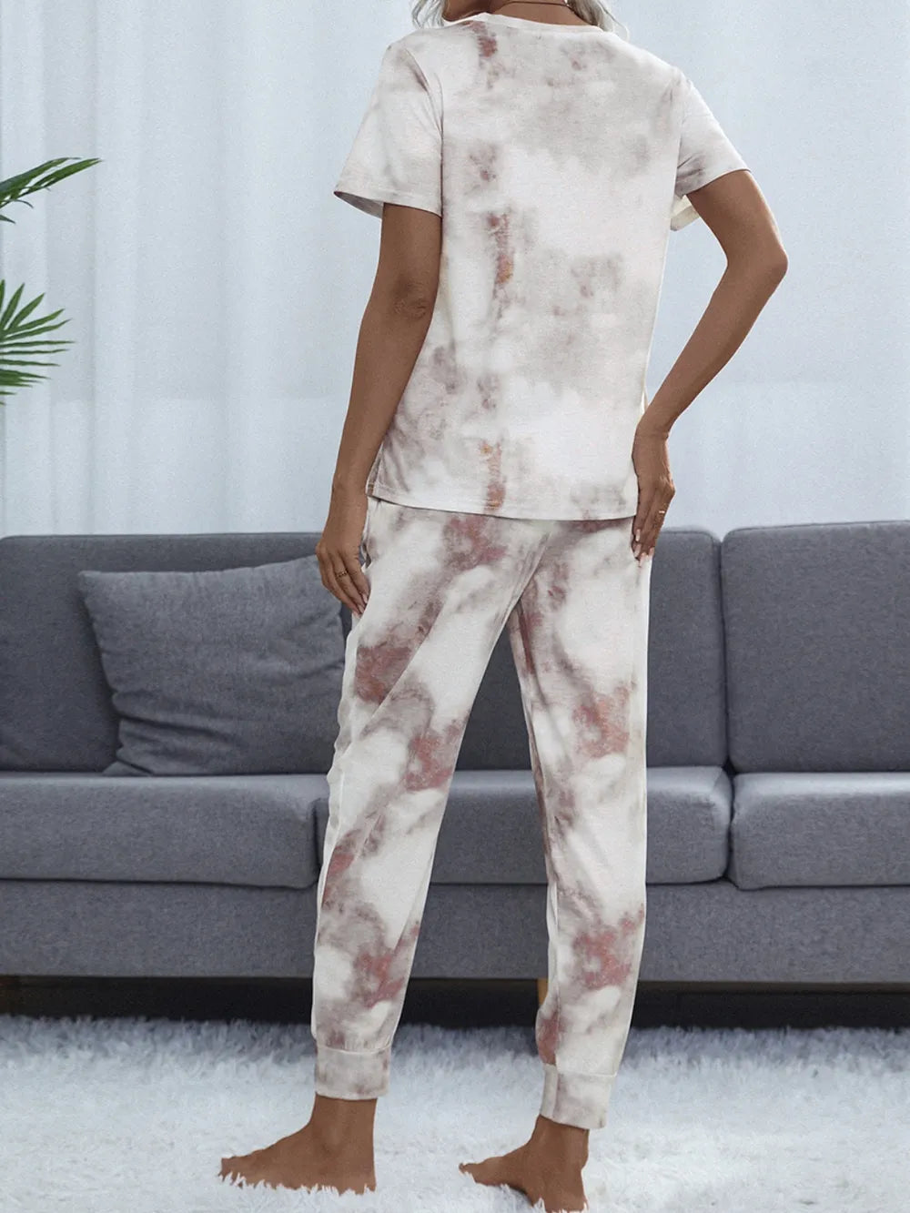Shiny Tie-Dye Round Neck Short Sleeve Top and Pants Lounge Set - Lilixa.store