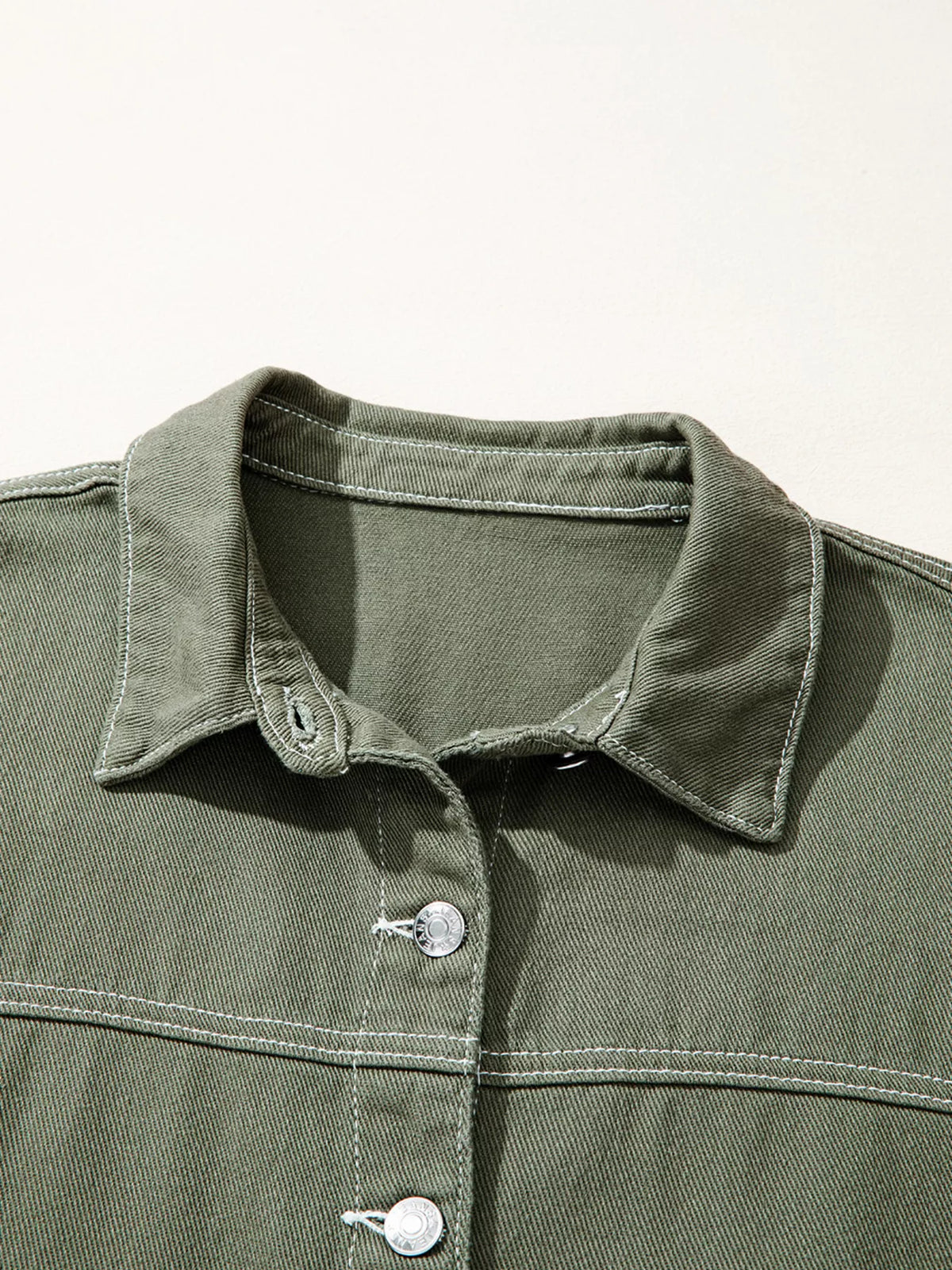 Patched Pocket Collared Button Front Boyfriend Denim Jacket in Moss, view 8