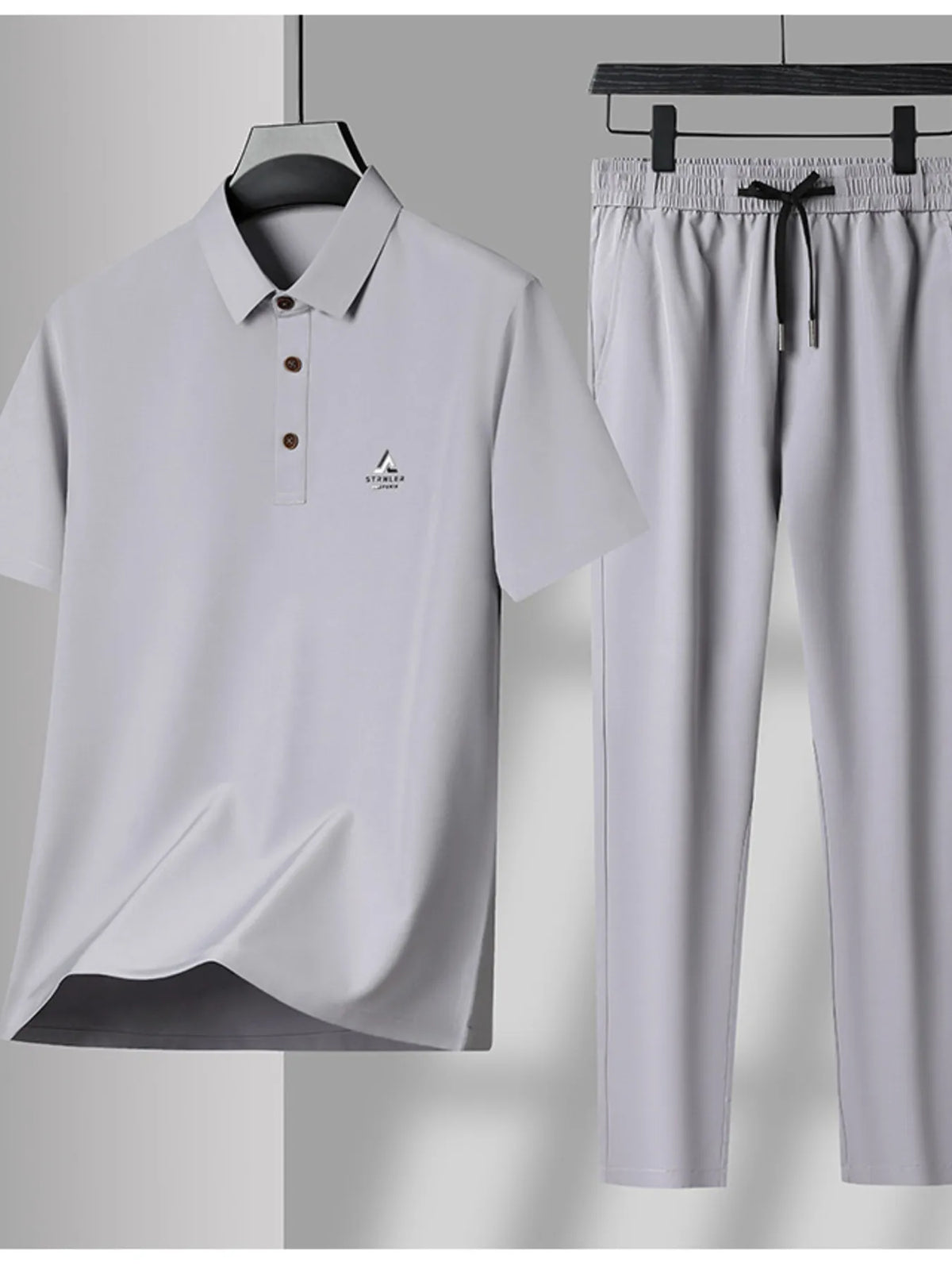 Men's Plus Size Button Detail Short Sleeve Polo and Pants Set, view 2