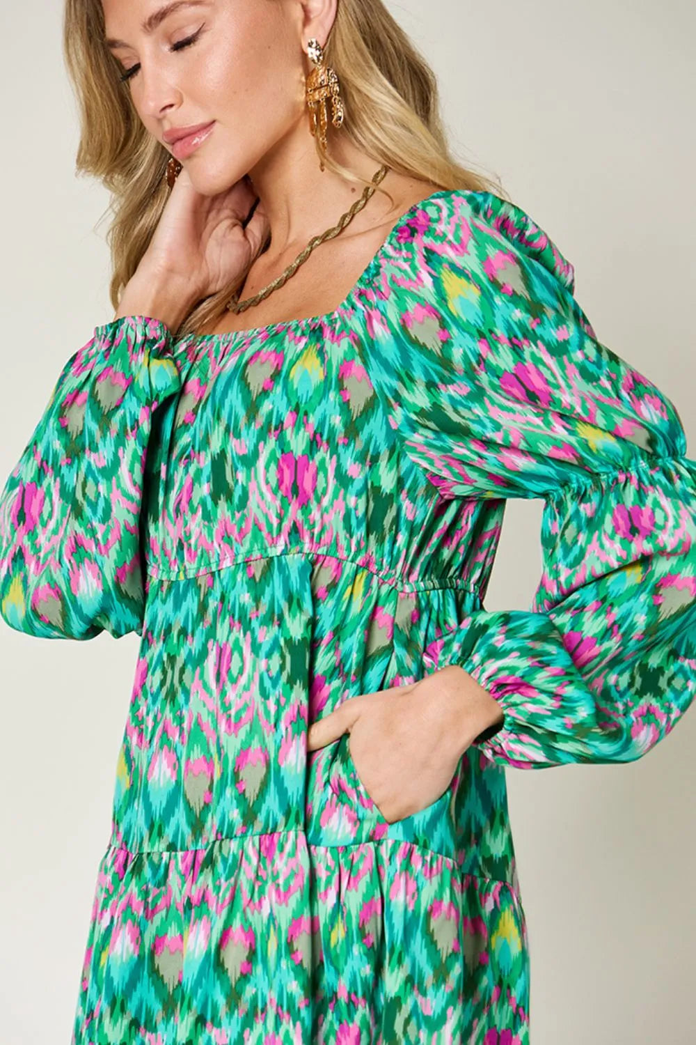 Double Take Full Size Printed Long Sleeve Dress - Lilixa.store