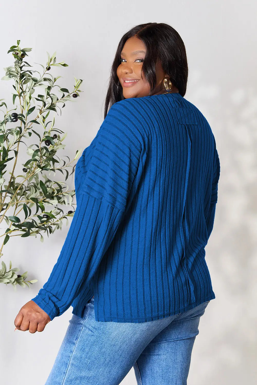 Basic Bae Full Size Ribbed Round Neck Slit Knit Top - Lilixa.store