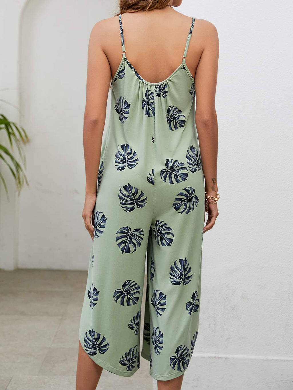 Botanical Print Spaghetti Strap Scoop Neck Jumpsuit - Lilixa.store