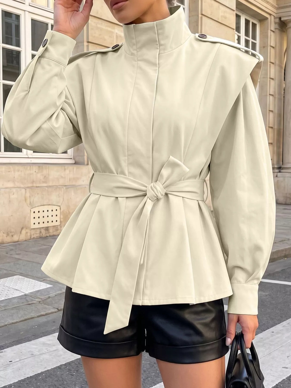 Stand-Collar Belted Outerwear - Lilixa.store