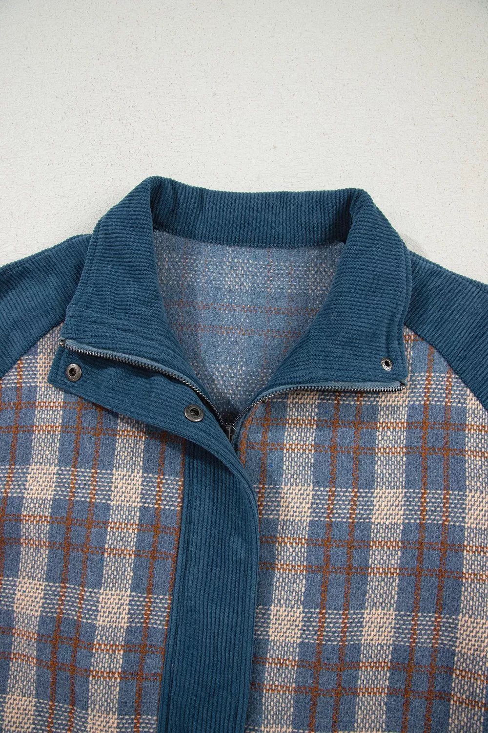 Plaid Corduroy Patchwork Collared Zip Up Snap Button Jacket, view 11