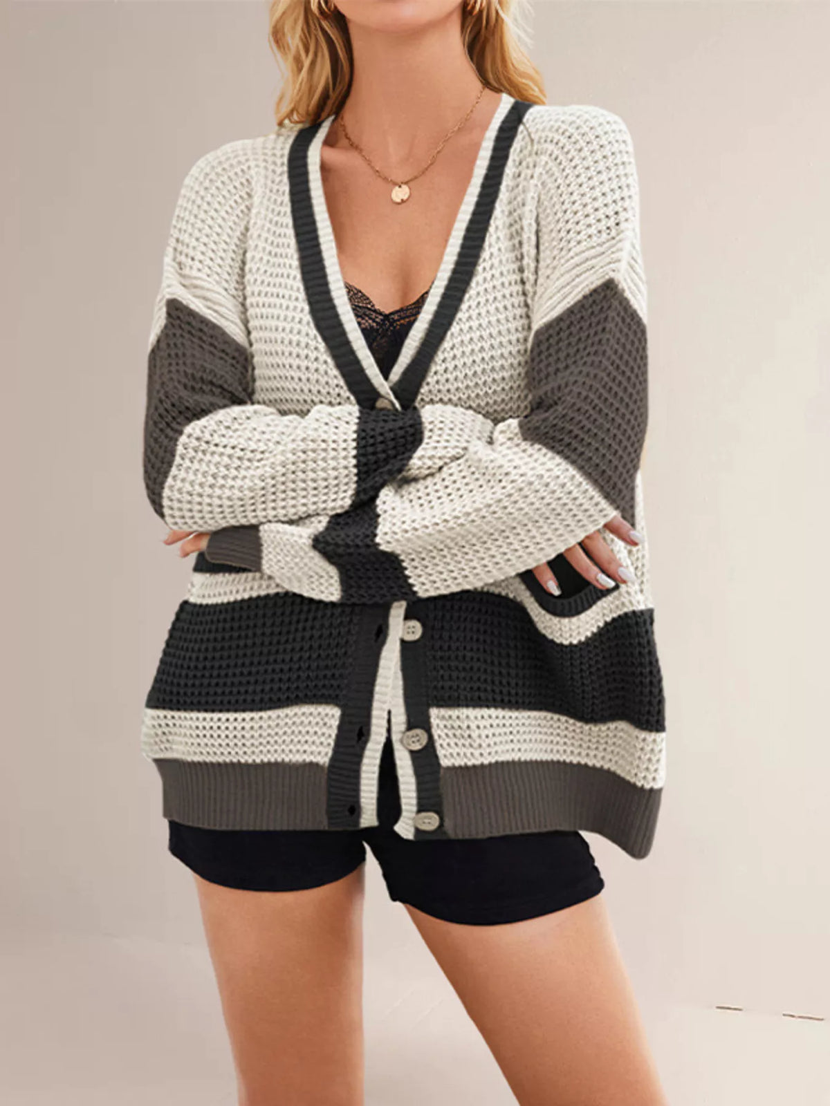 Color Block V-Neck Cardigan - Lilixa.store