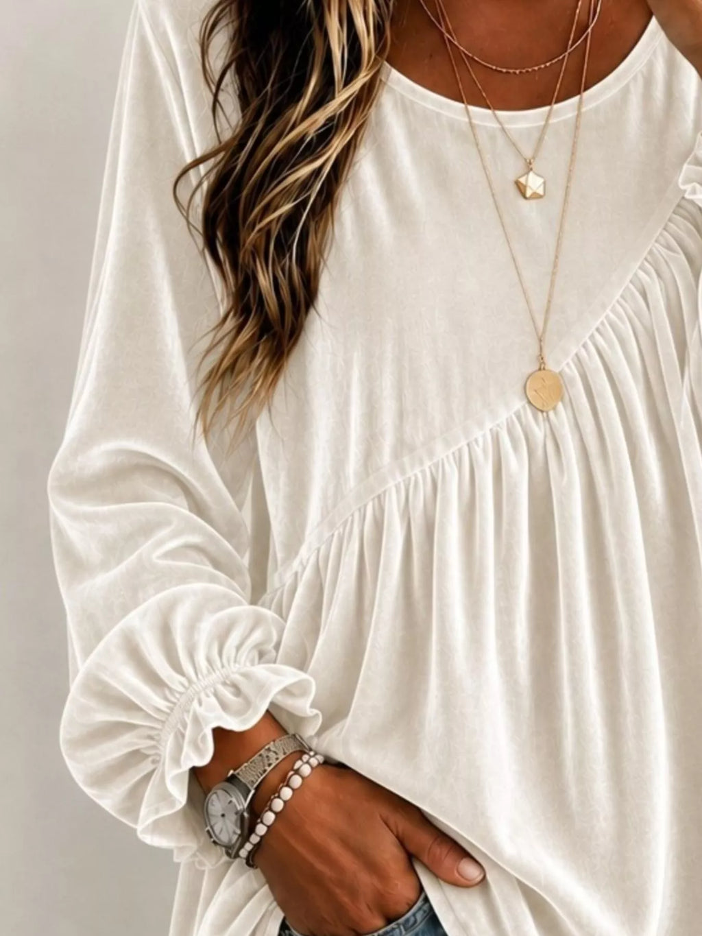 Full Size Velvet Round Neck Long Sleeve Blouse Plus Size - Lilixa.store