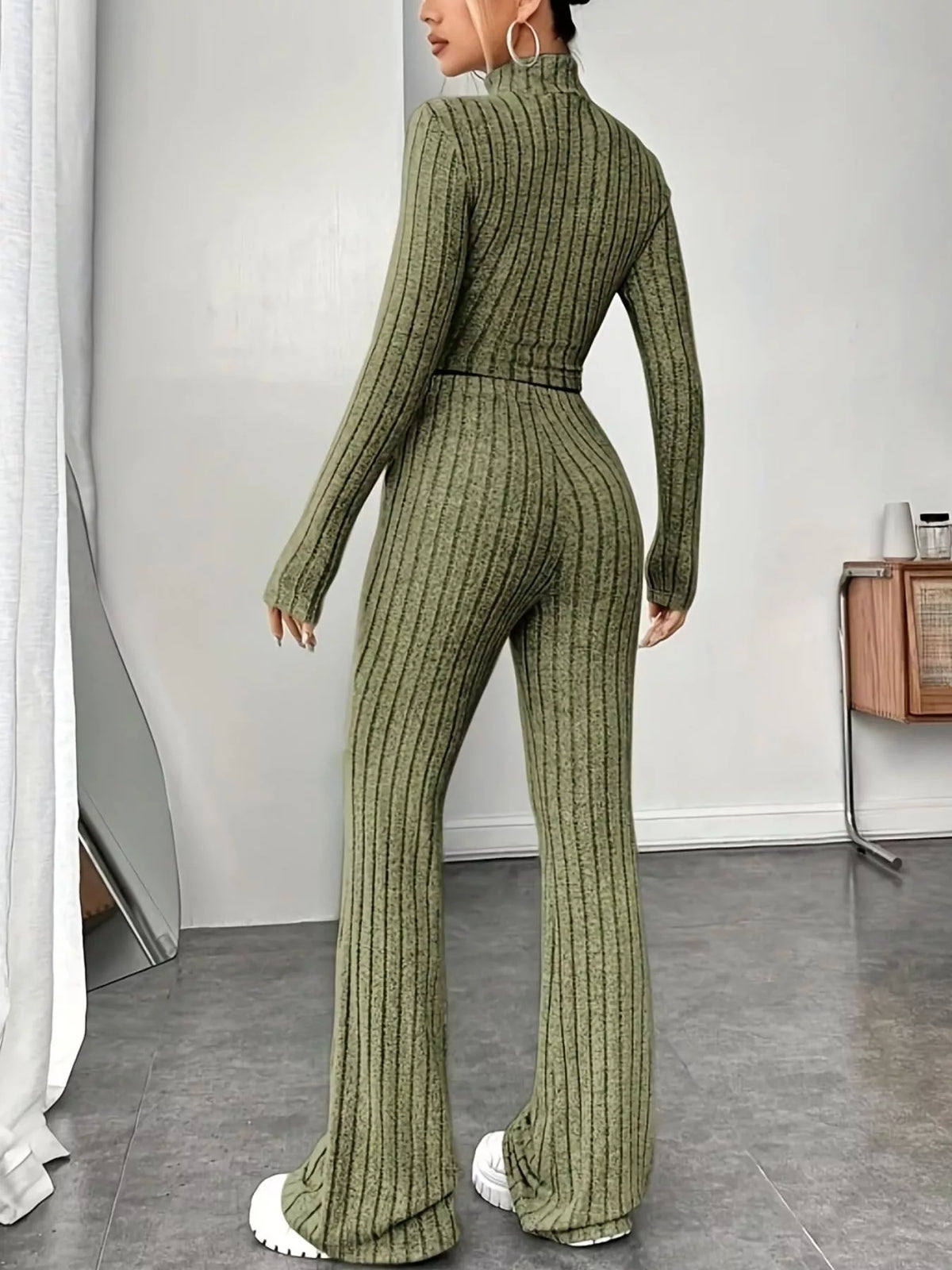 Ribbed Turtleneck Crop Top and Flare Pants Sweater Set - Lilixa.store
