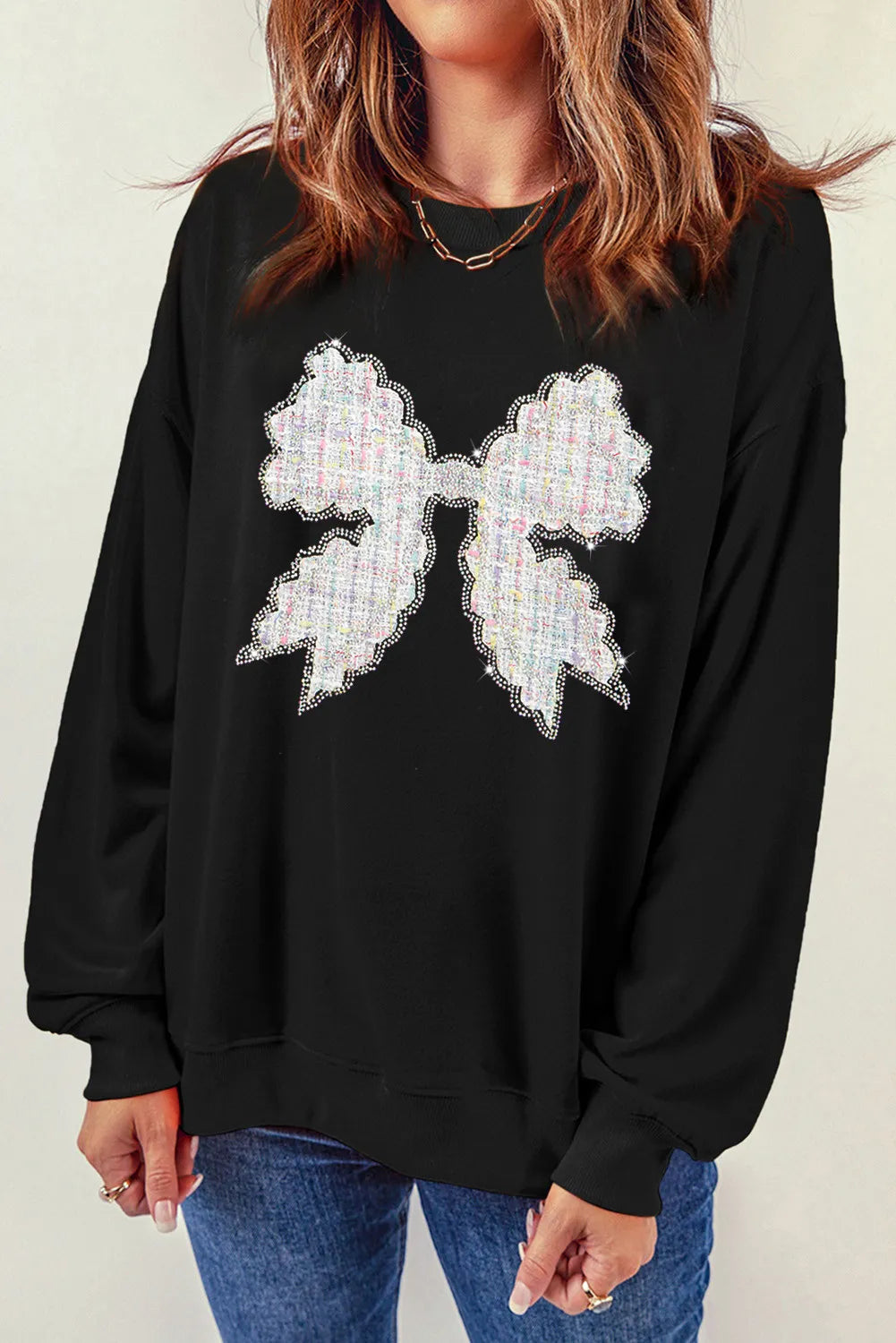 Contrast Bow Round Neck Long Sleeve Sweatshirt - Lilixa.store