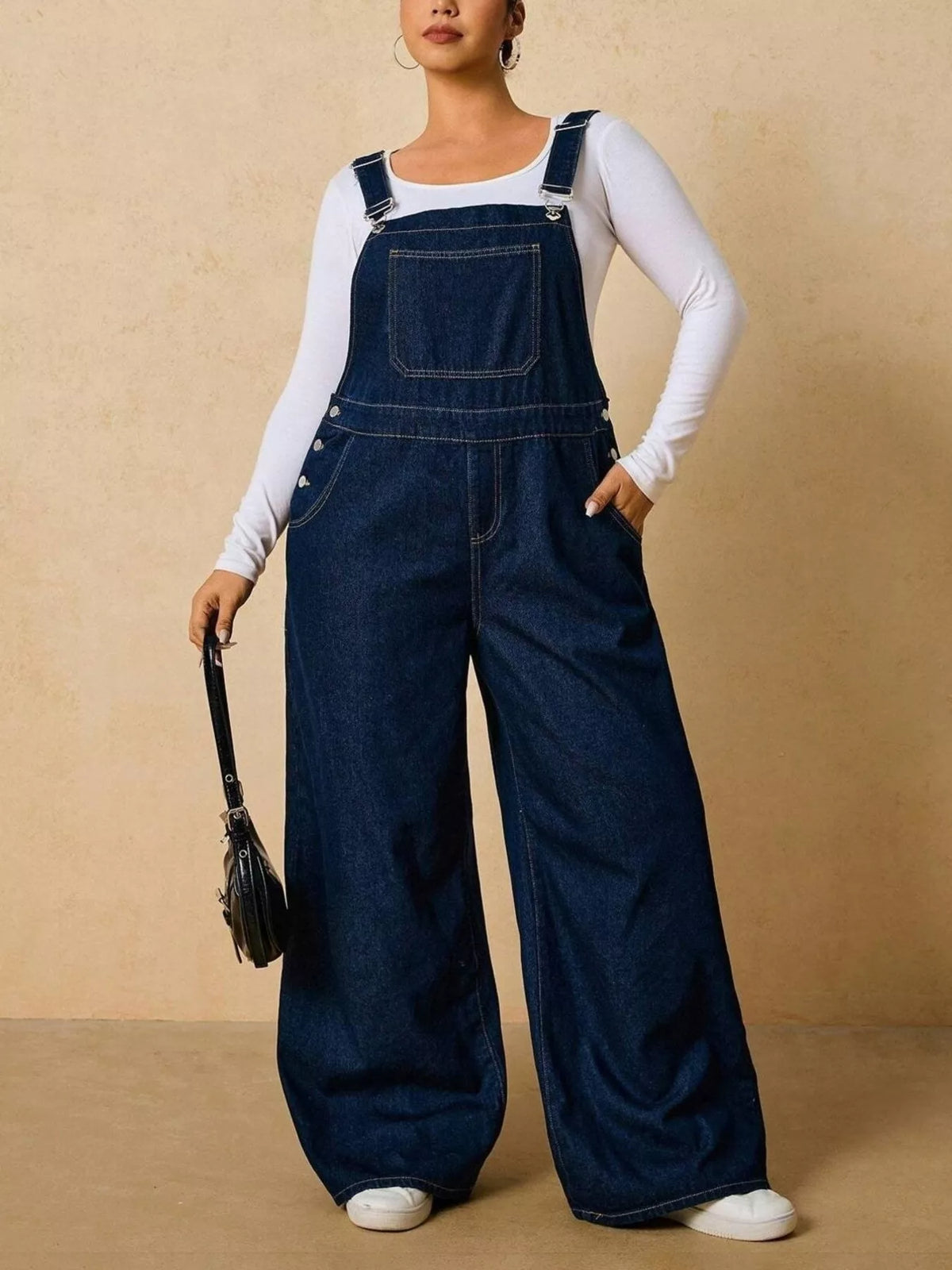 Plus Size Adjustable Strap Wide-Leg Denim Overalls