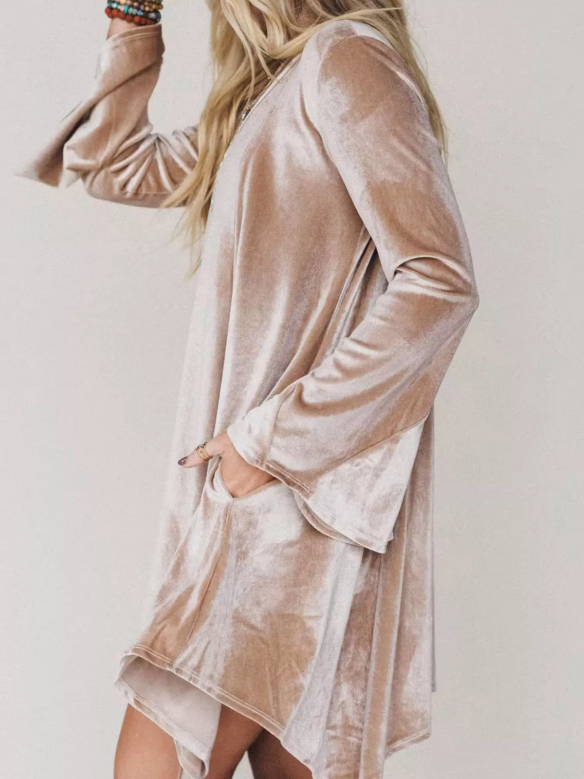 V-Neck Velvet Swing Asymmetrical Dress with Pockets in Black, view 2