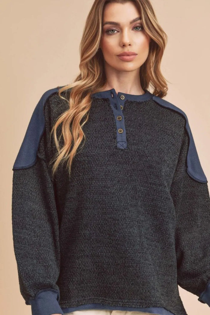 Aemi + Co Side Slit Button Detail Contrast Shoulder Sweatshirt - Lilixa.store