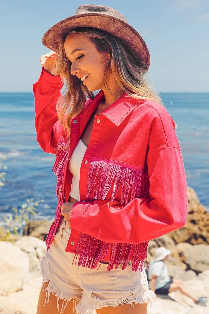 BiBi Rhinestone Fringe with Studed Collar Jacket in Fuchsia, view 13