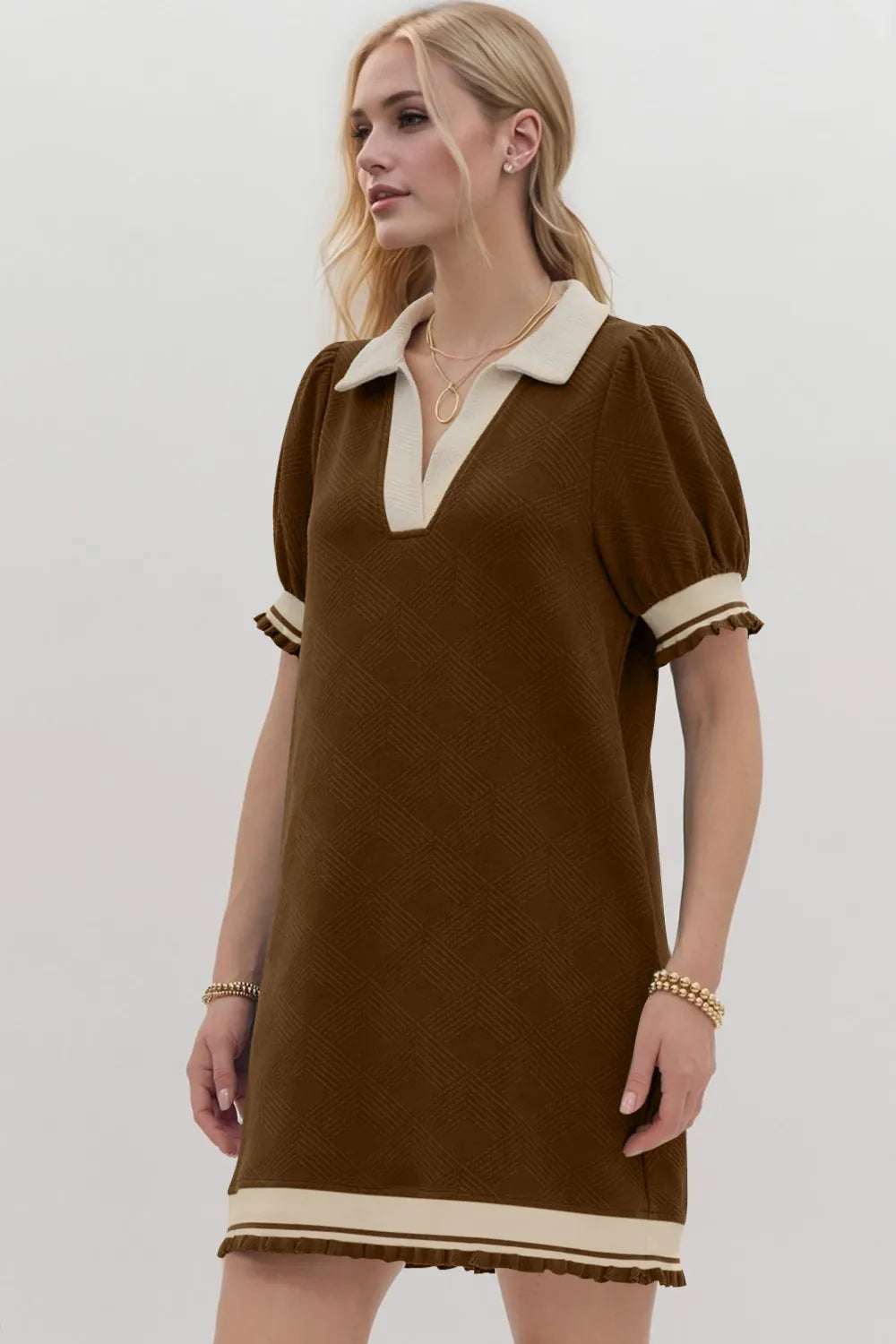 Oh Frill Contrast Trim Johnny Collar Short Sleeve Mini Dress in Black, view 7