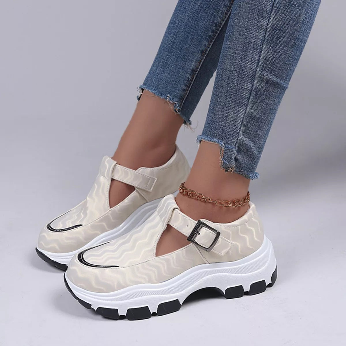 Round Toe Platform Loafers in Beige