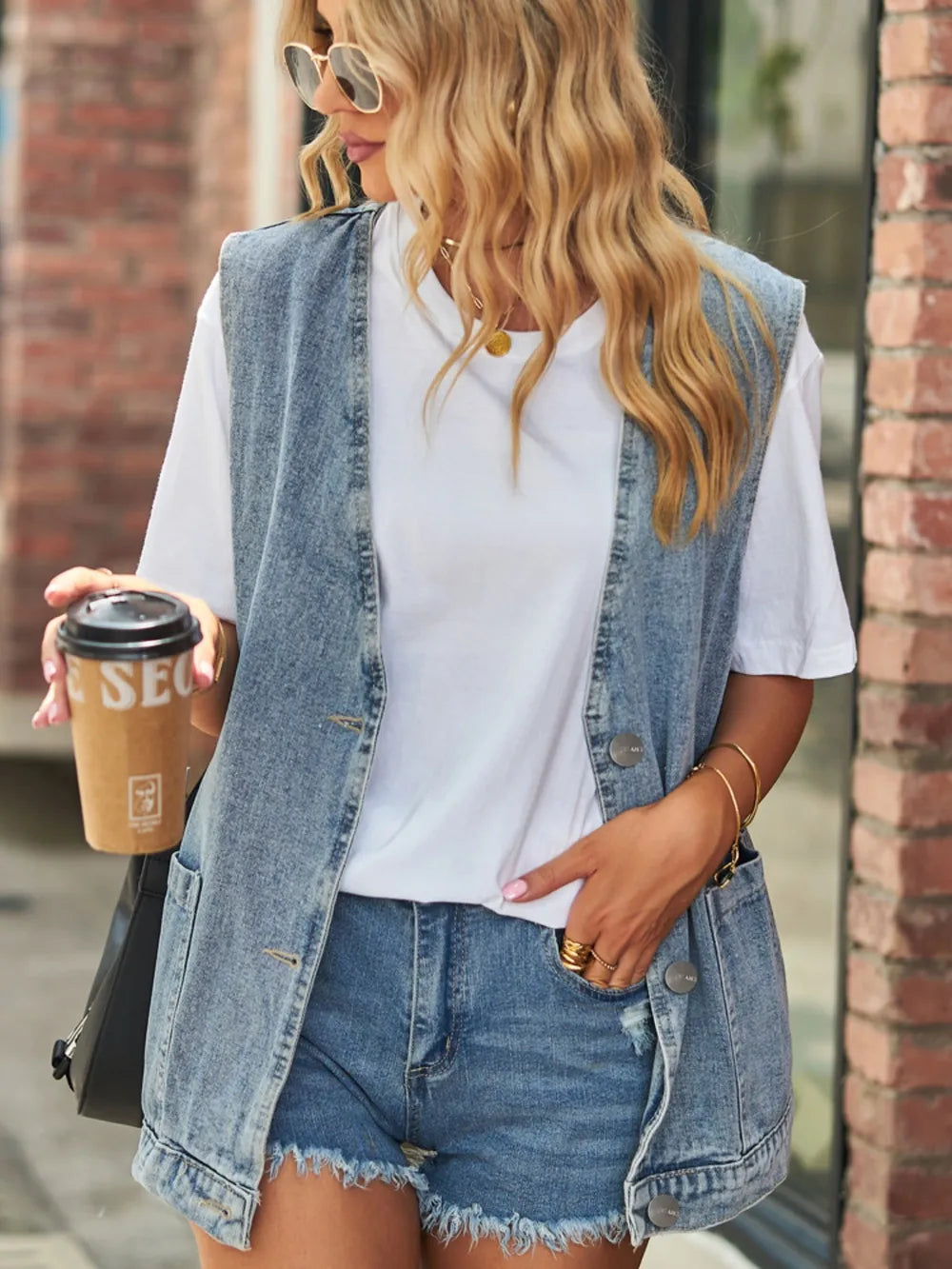 Full Size V-Neck Button Up Denim Vest - Lilixa.store