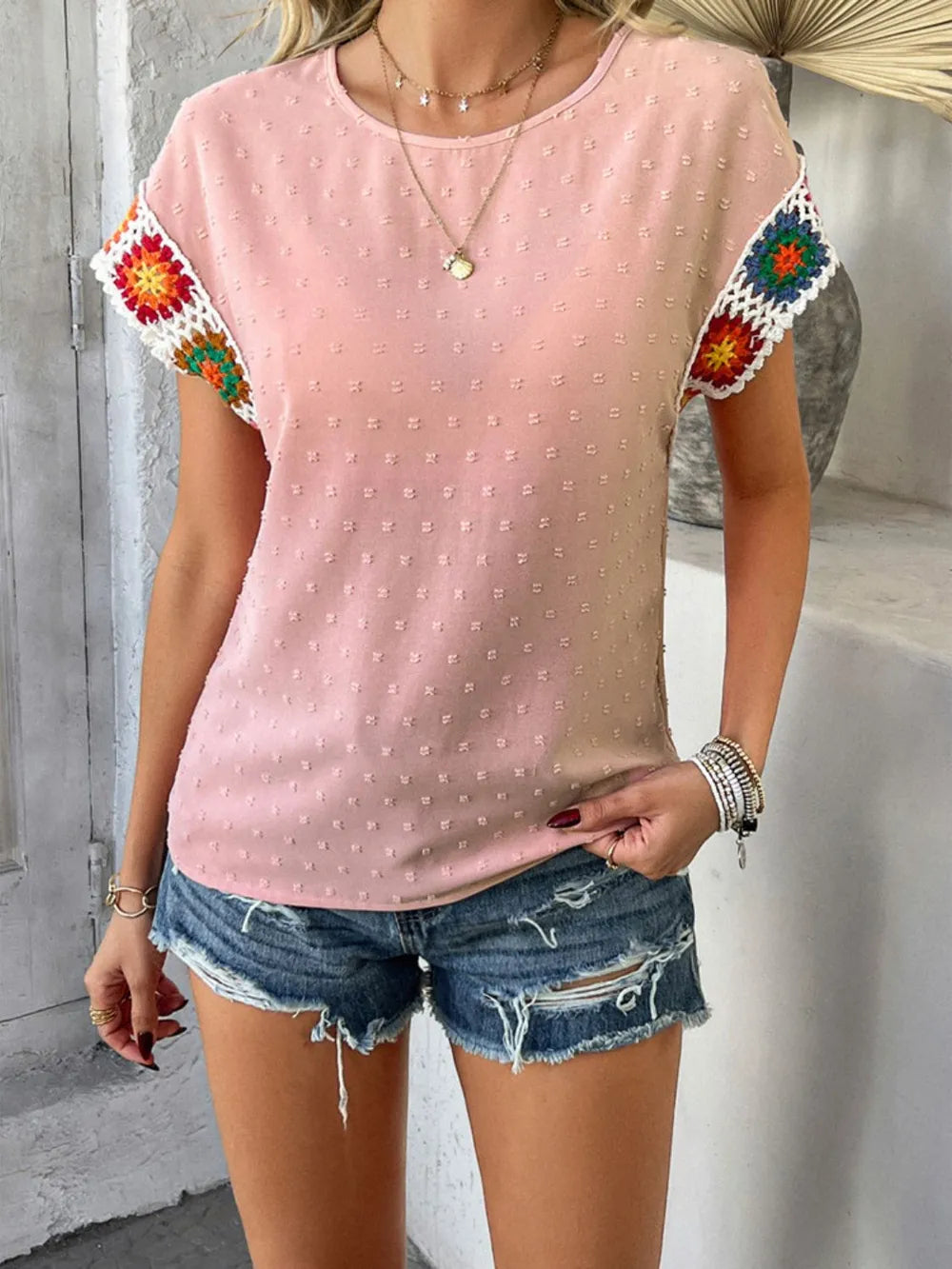 Devine Swiss Dot Round Neck Crochet Short Sleeve Top, view 5