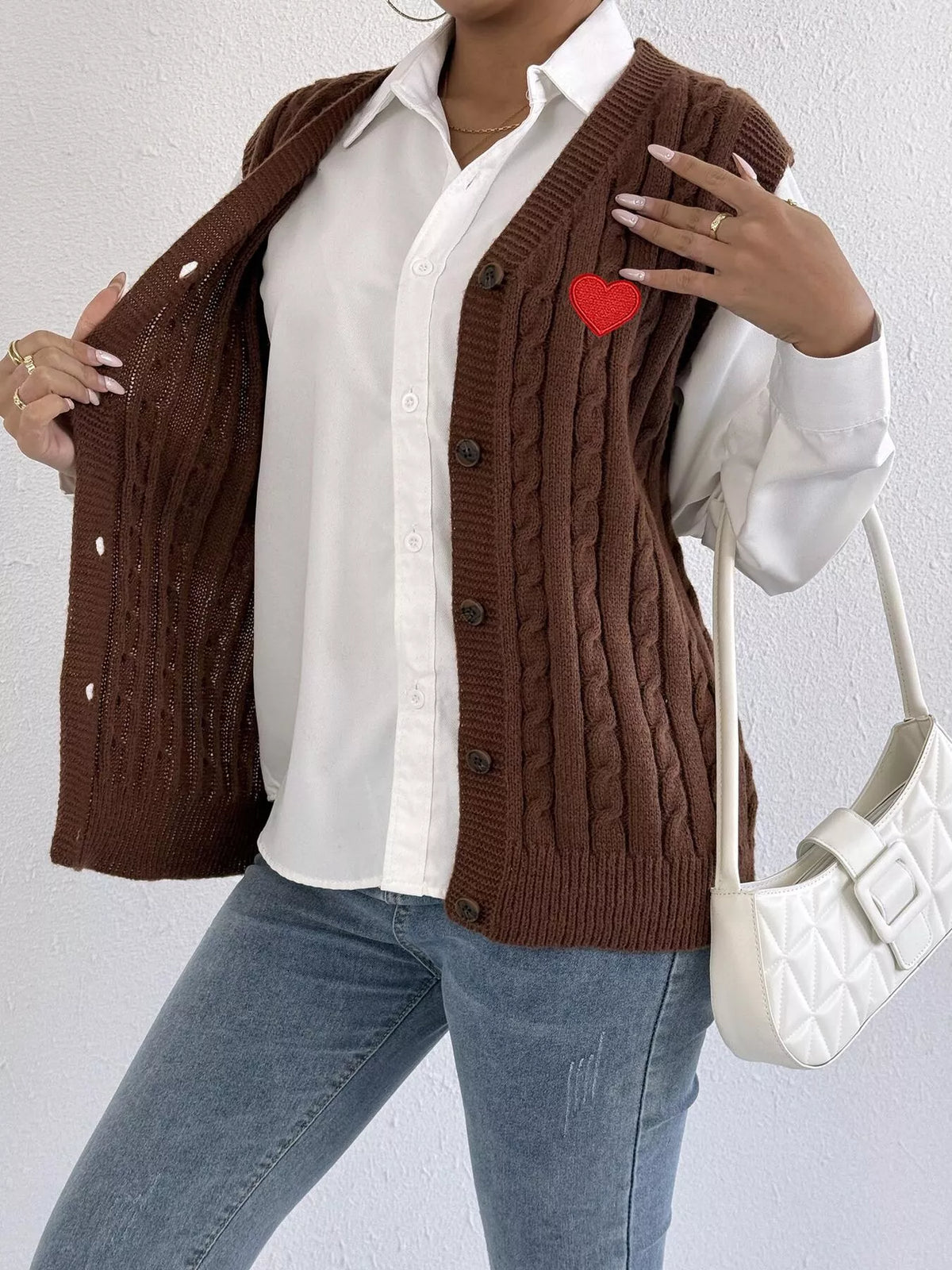 V-Neck Cable Knit Button-Down Sweater Vest with Heart Embroidery
