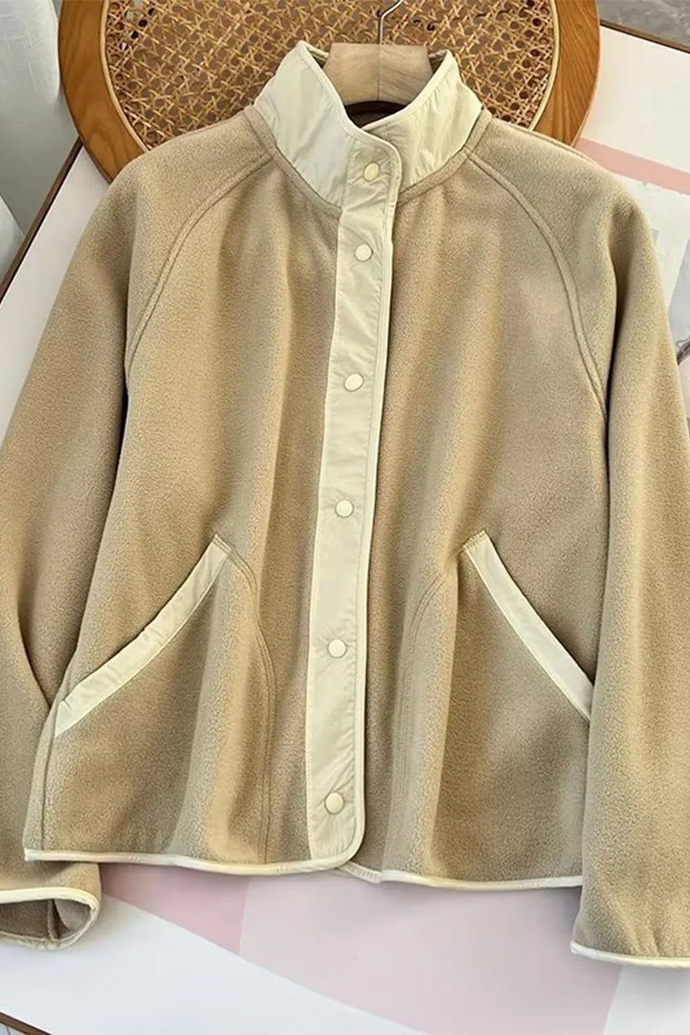 Snap Down Contrast Fleece Jacket with Pockets - Lilixa.store