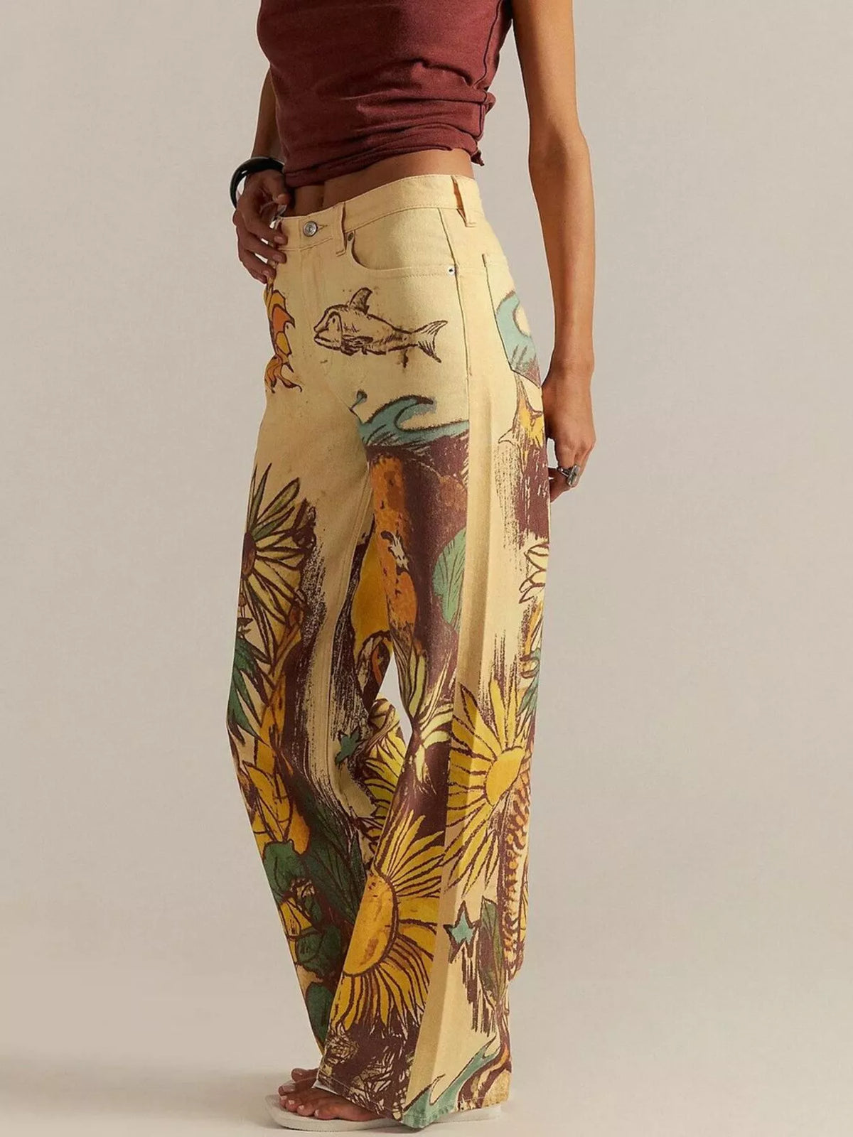 Printed Wide Leg Jeans - Lilixa.store