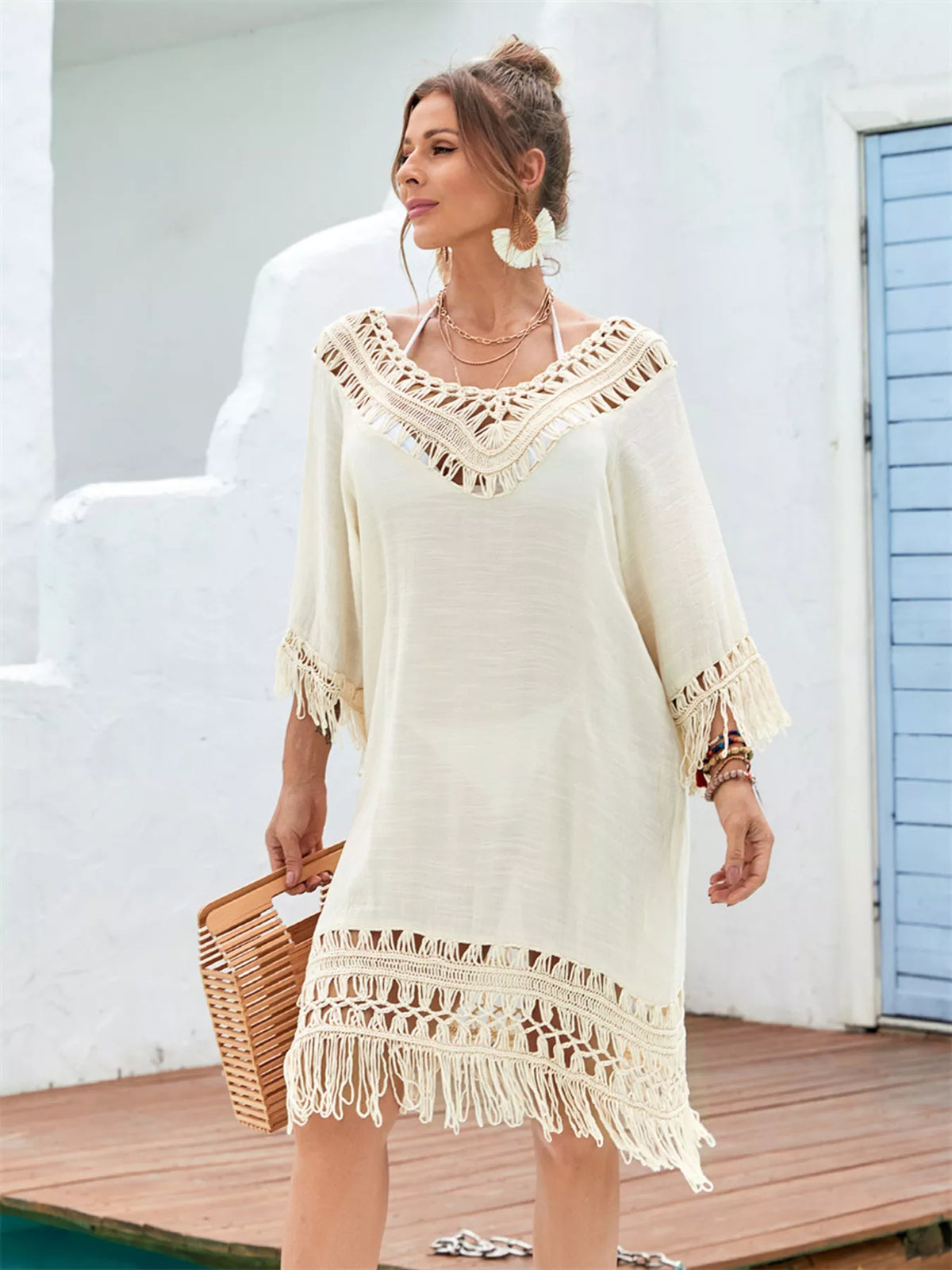 Fringe Crochet V-Neck Cover-Up Dress - Lilixa.store
