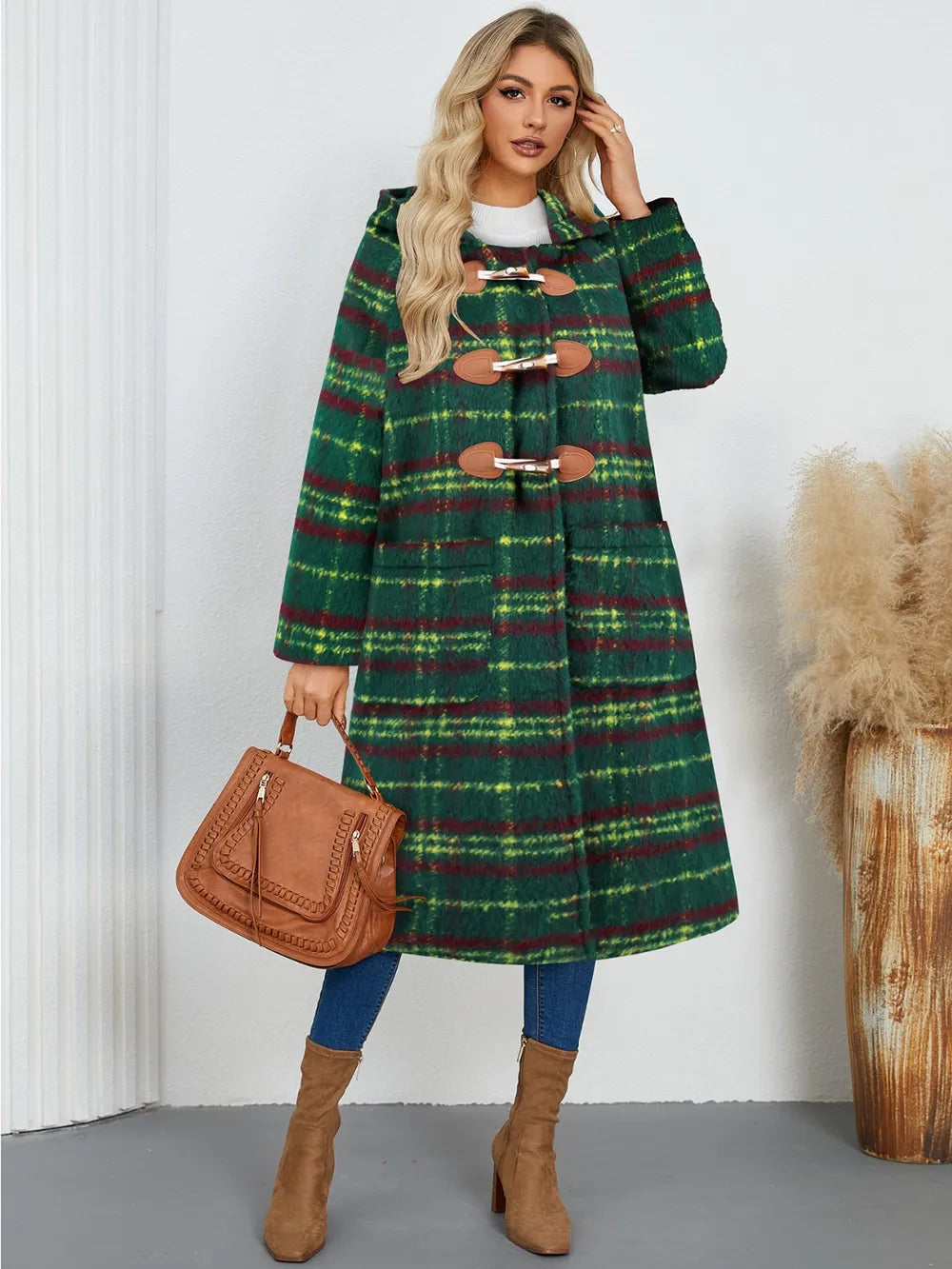 Plaid Long Sleeve Hooded Coat with Pockets, view 5