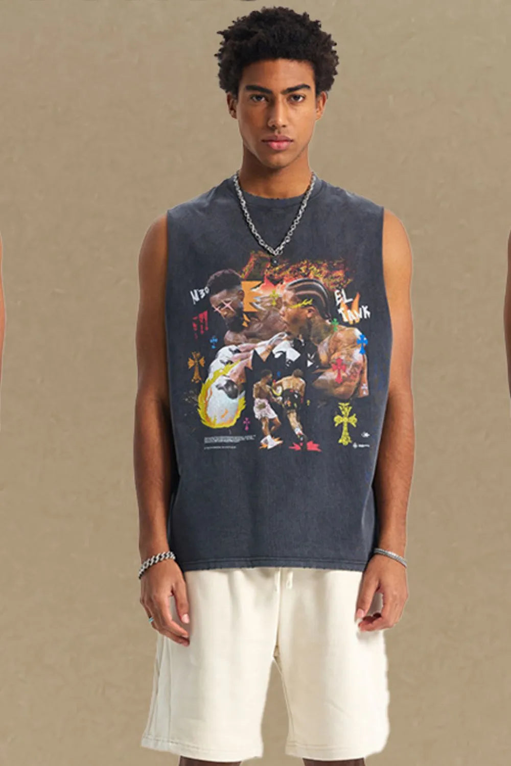 Men's Graphic Round Neck Tank in Black, view 3