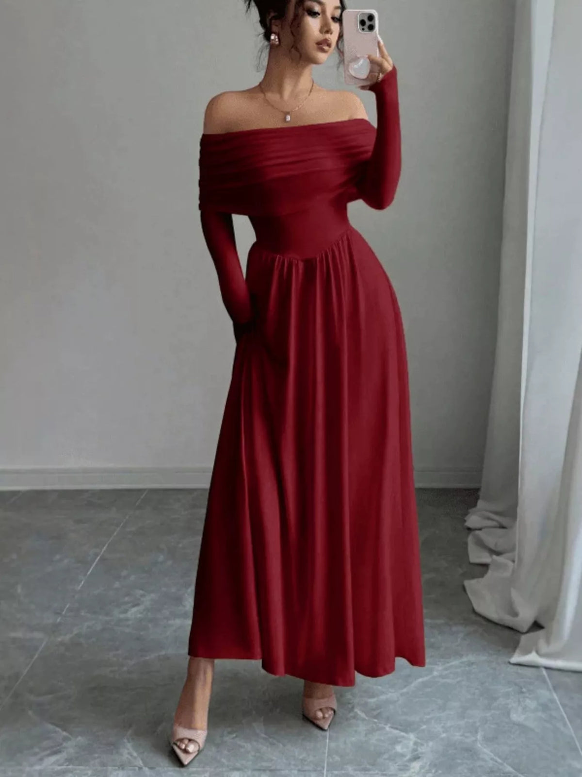 Off-Shoulder Long Sleeve Maxi Dress - Lilixa.store