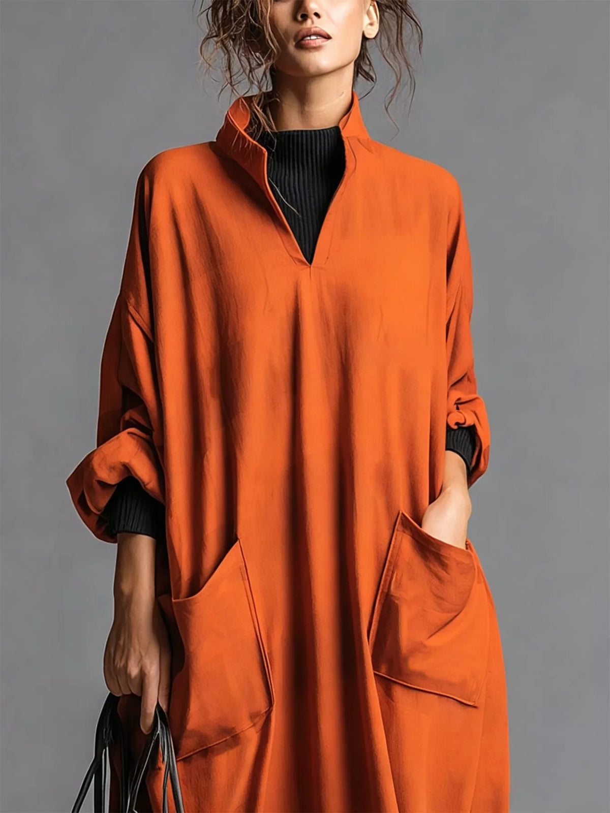 Full Size Loose-Fit Mock Neck Midi Dress with Pockets Plus Size - Lilixa.store
