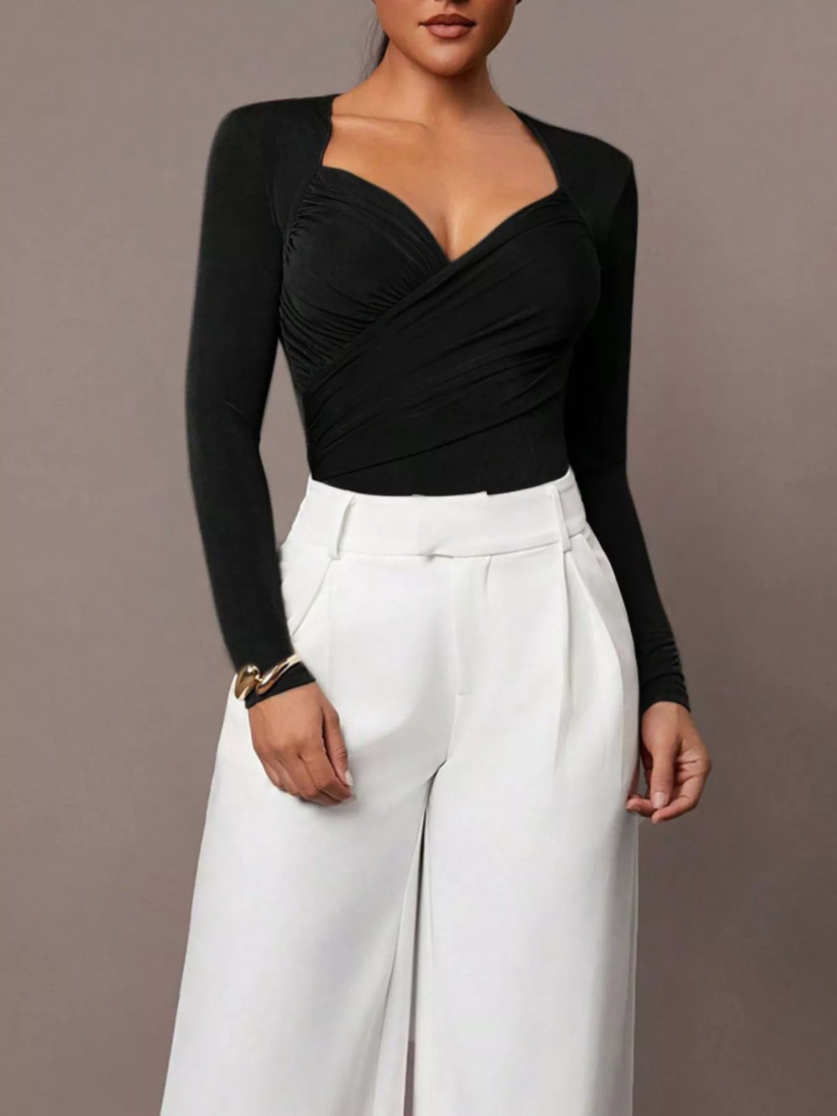 Ruched Surplice Long Sleeve Bodysuit - Lilixa.store
