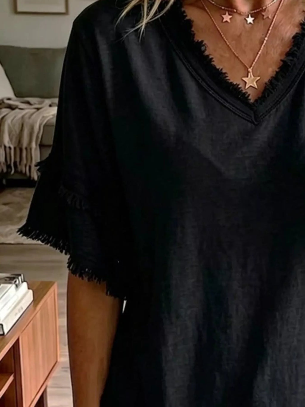 Full Size Frayed Edge V-Neck Blouse Plus Size - Lilixa.store