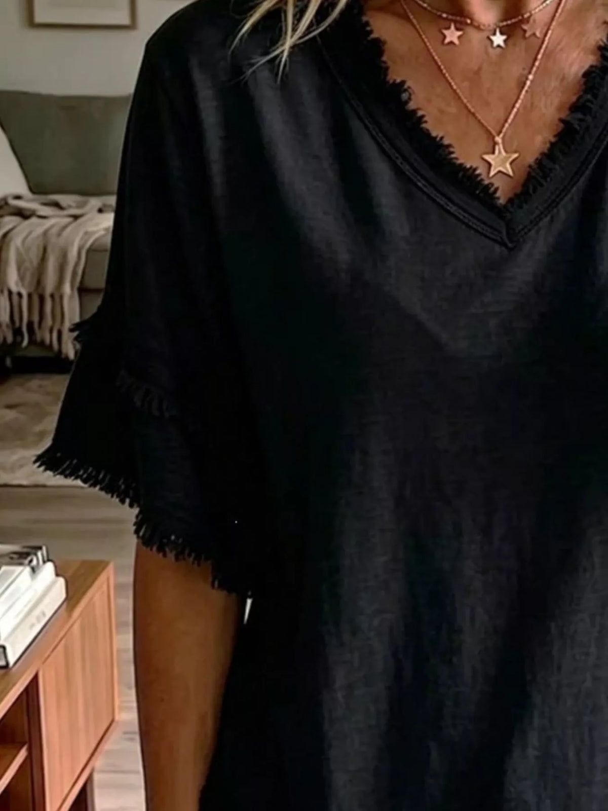 Full Size Frayed Edge V-Neck Blouse Plus Size - Lilixa.store