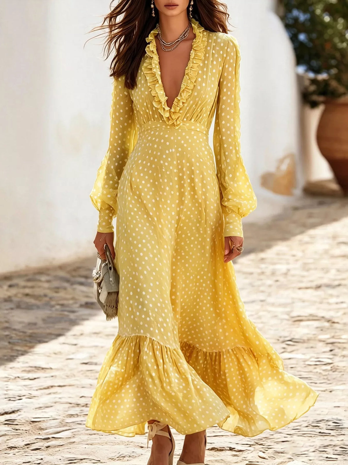 Full Size Polka Dot Ruffle V-Neck Maxi Dress Plus Size - Lilixa.store